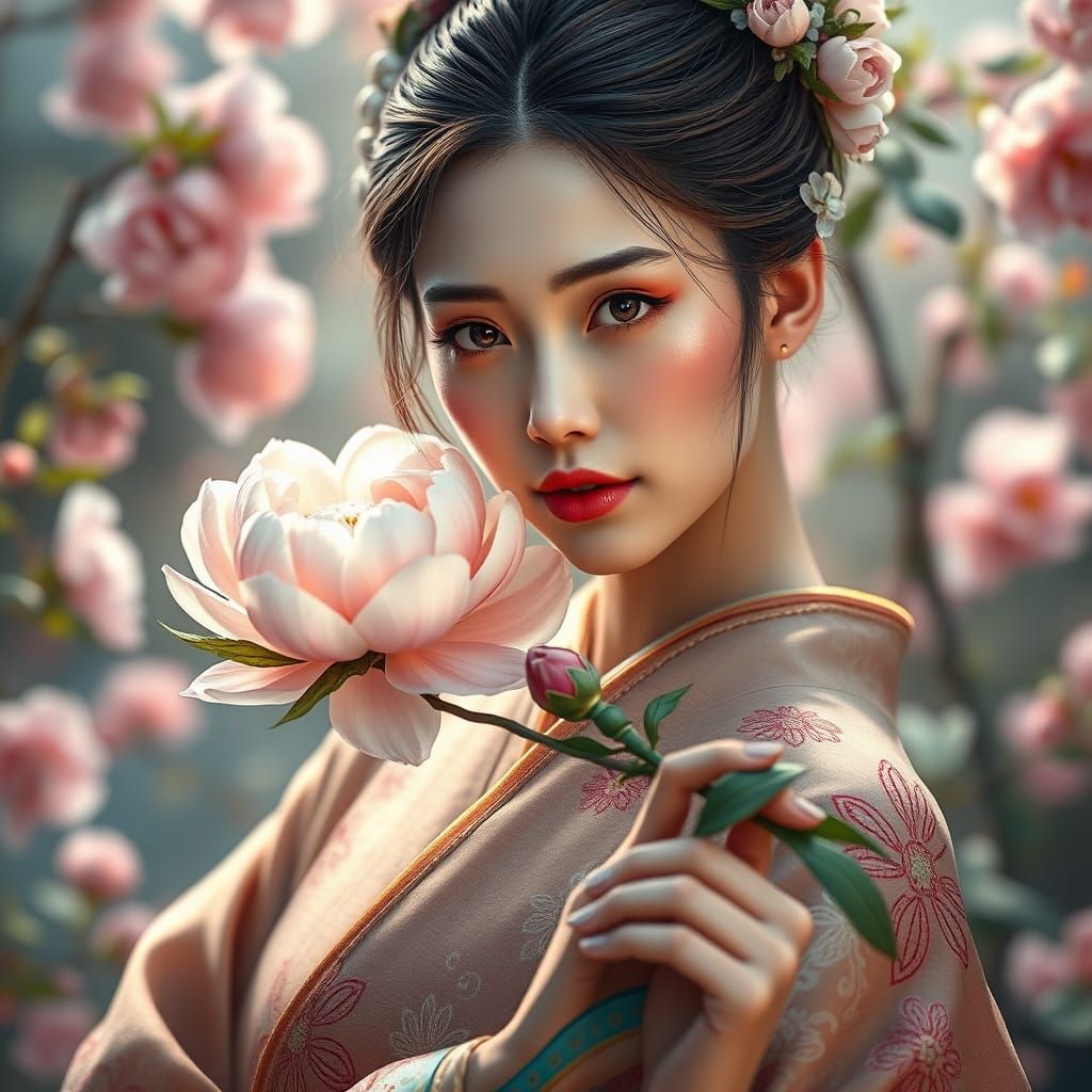 Elegant Lady in Hanfu with Peony