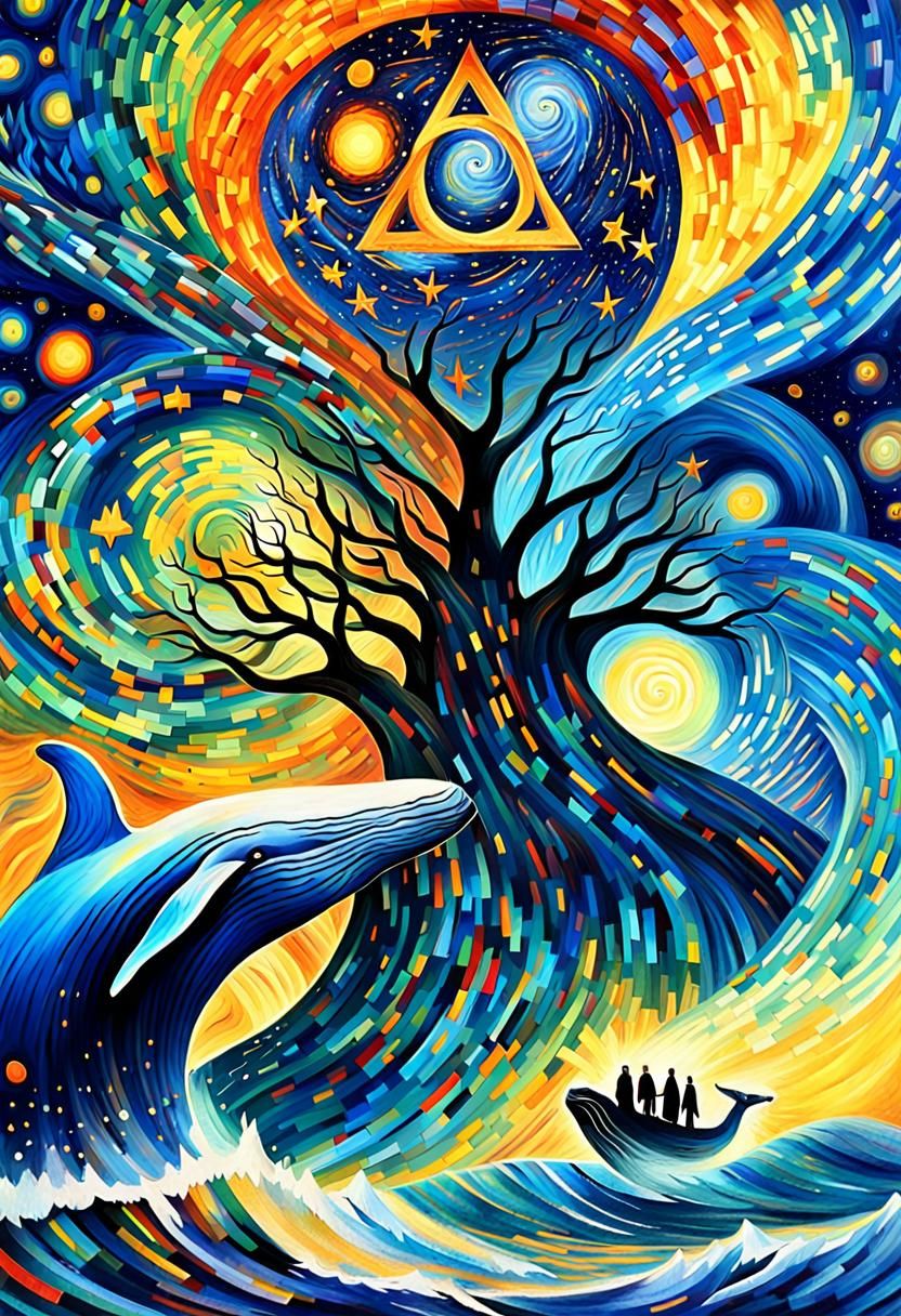Surreal Whales in Starry Ocean with Runic Triangle