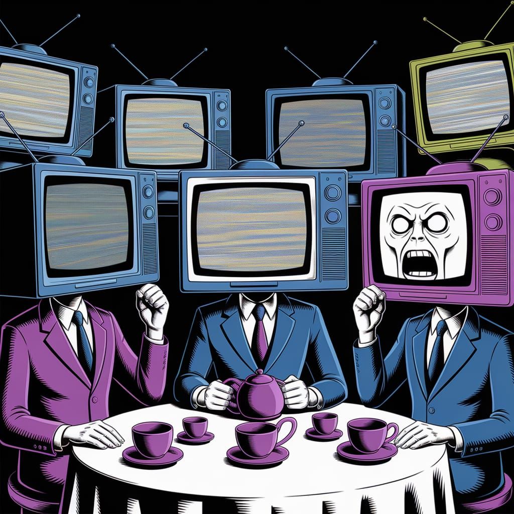 Nightmarish Tea Party with Television Head Figures