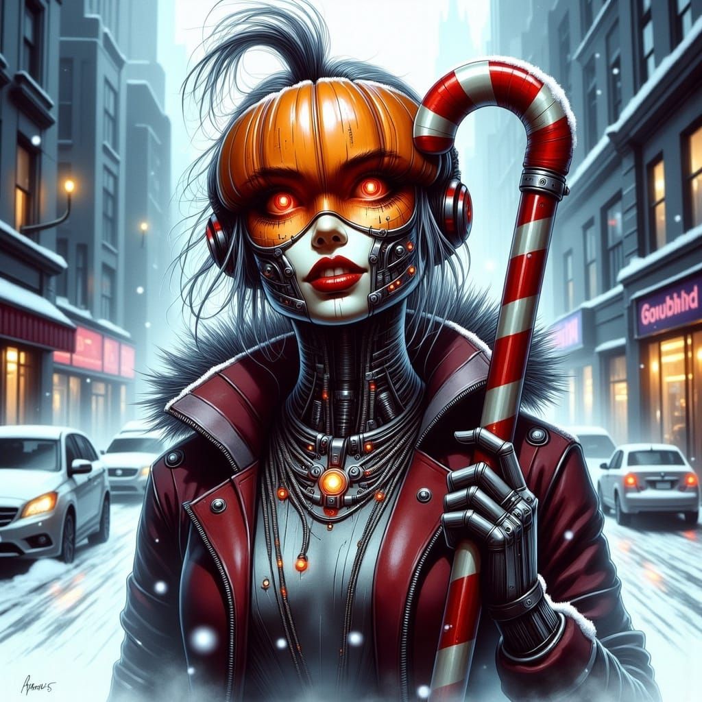 Festive Cyberpunk Pumpkin Figure in Falling Snow