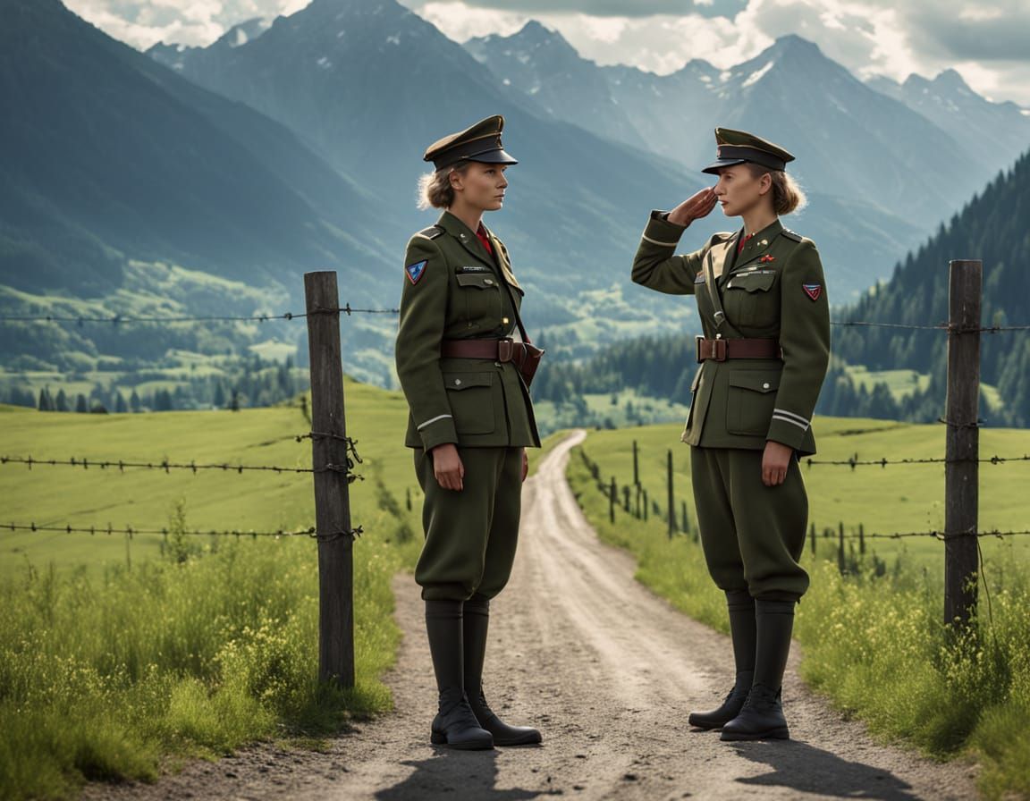 WWII Female Soldiers Salute at Border, Cinematic 4K