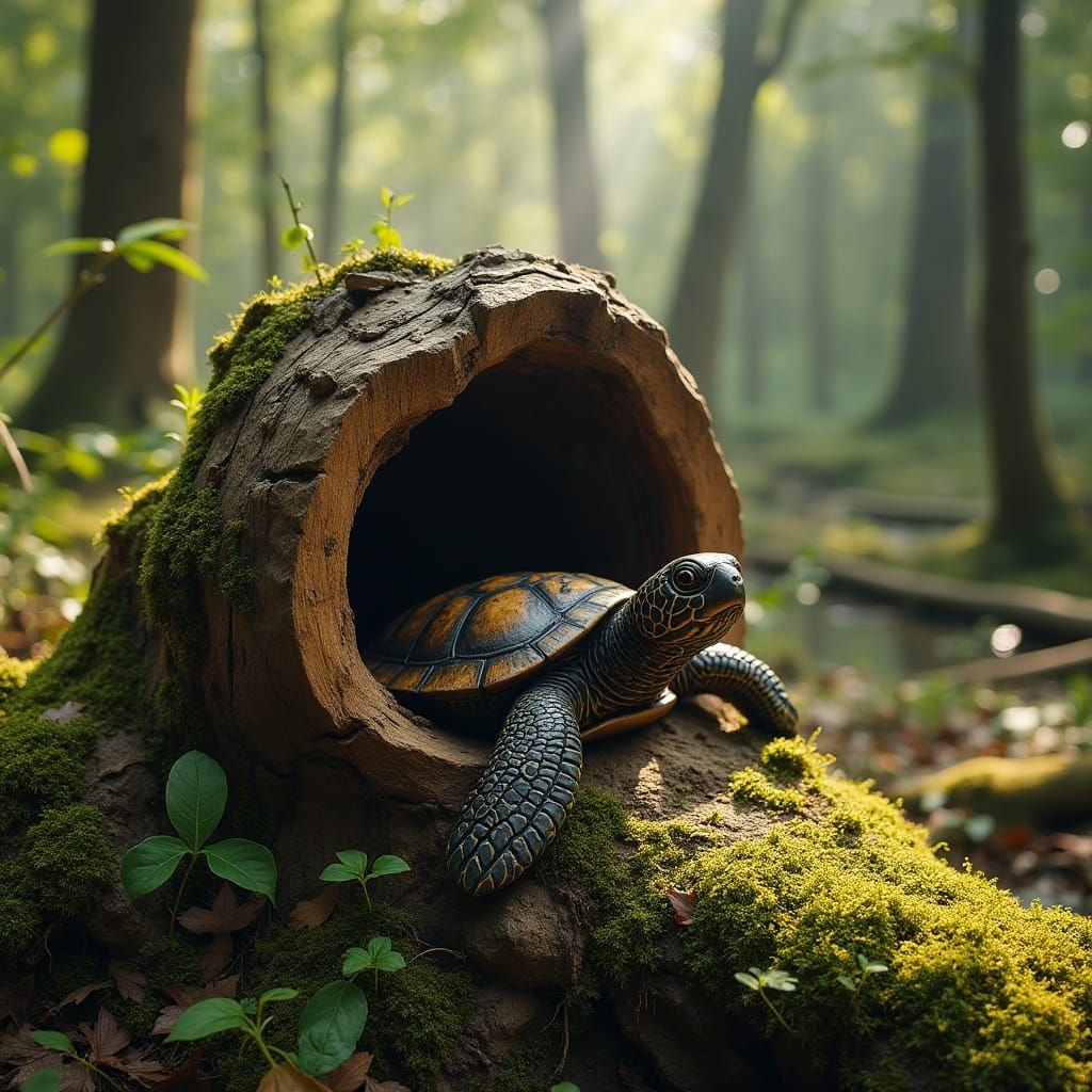 Ornate wooden turtle sculpture of see turtle swimming out of...