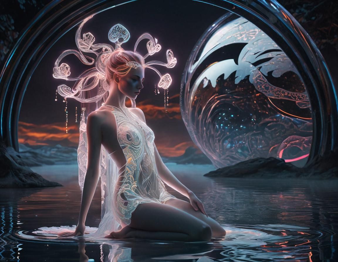 Surreal Techno-Celtic Woman in Futuristic Fantasy Scene