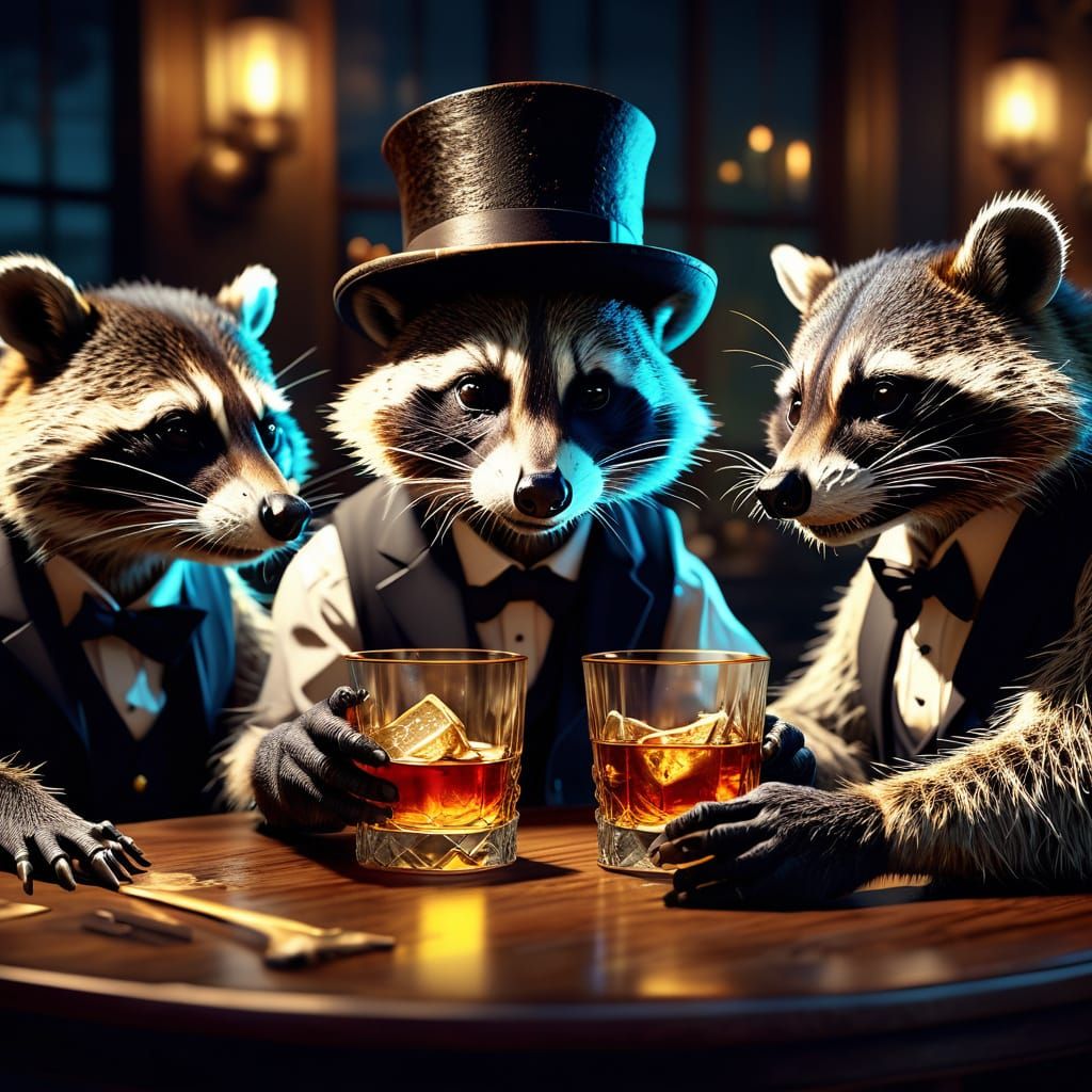 Raccoon Whiskey Night in Hyper-Realistic 3D