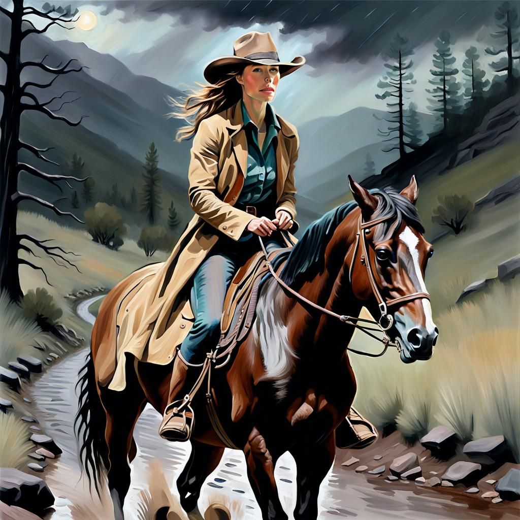 Impressionistic Pastel Portrait of Cowgirl on Mountain Trail