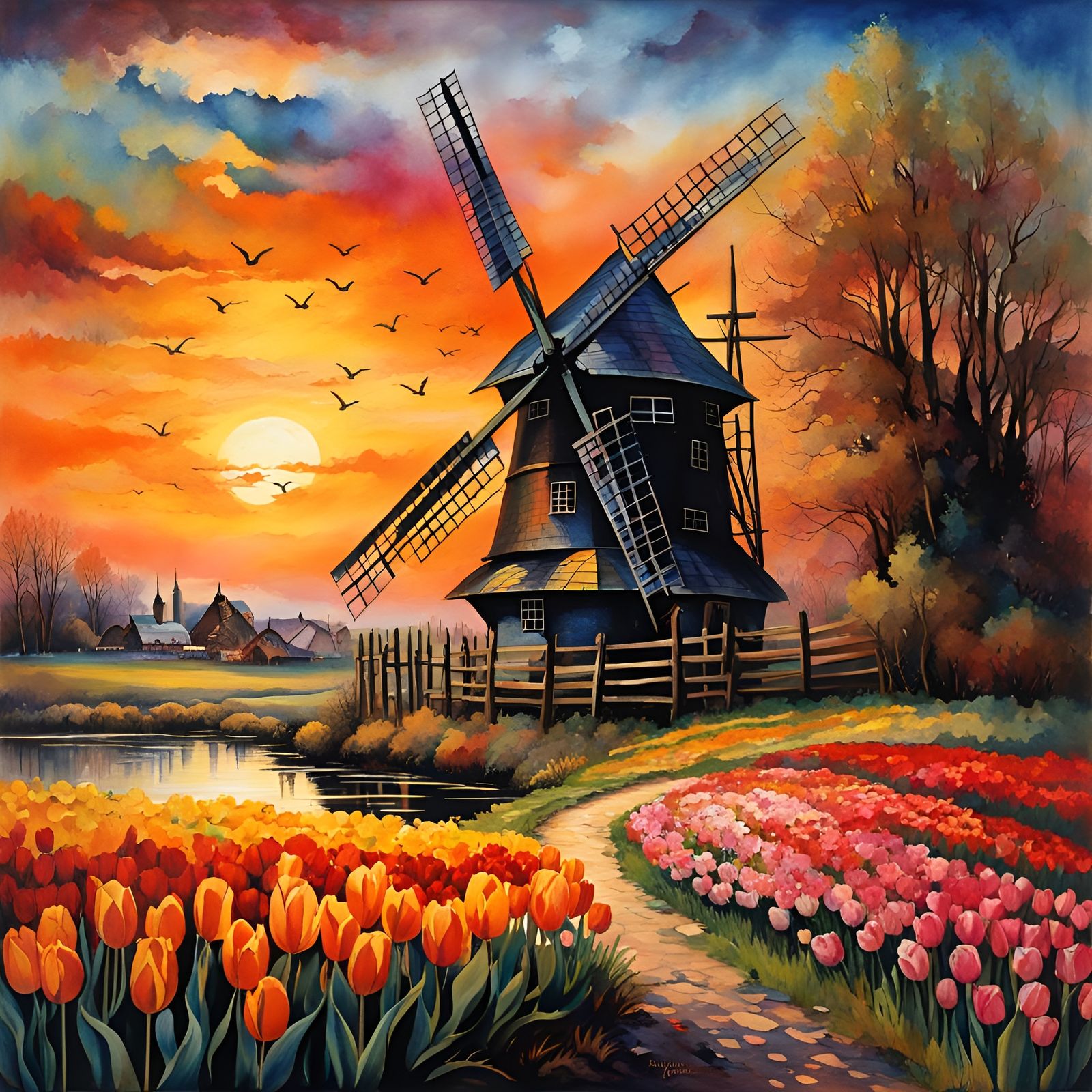 Dutch Windmill with Girl in Watercolor Painting