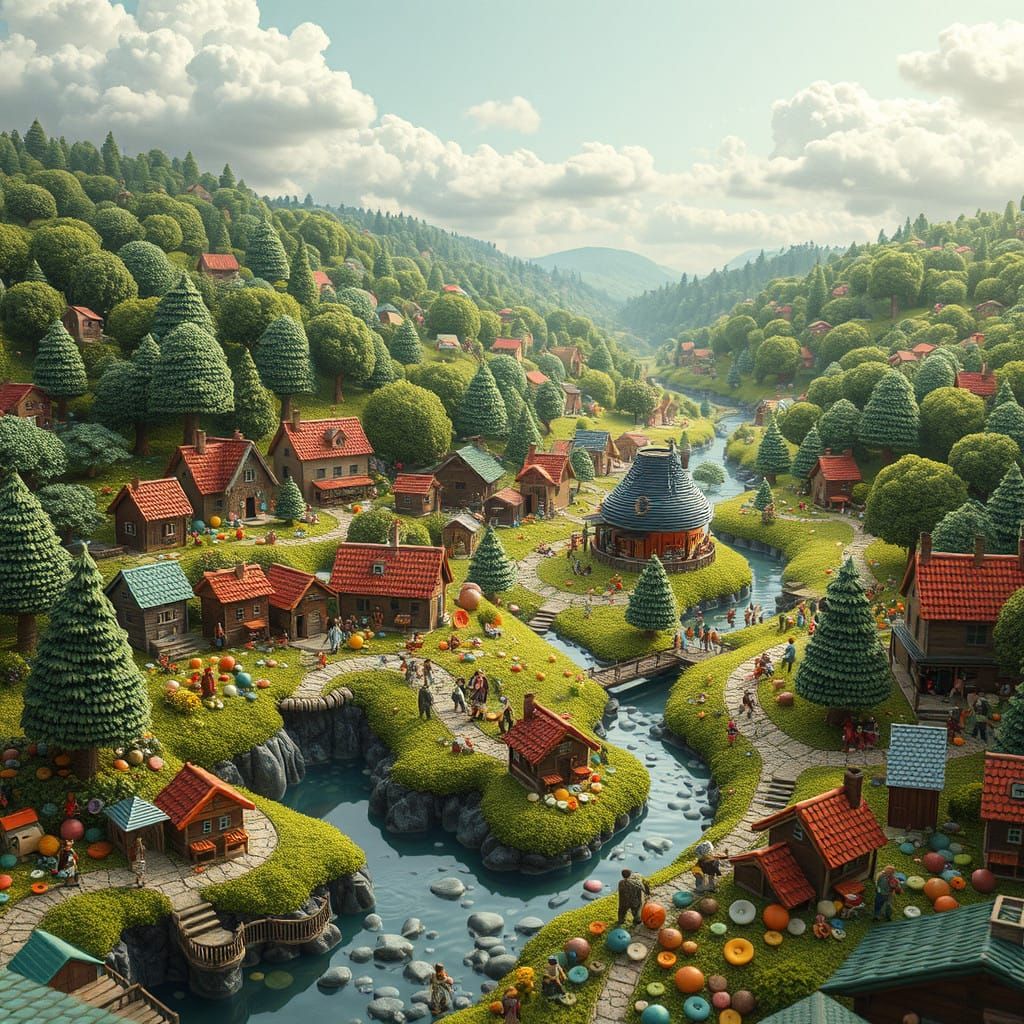 Whimsical Button Village Scene with Lush Landscapes and Vivi...