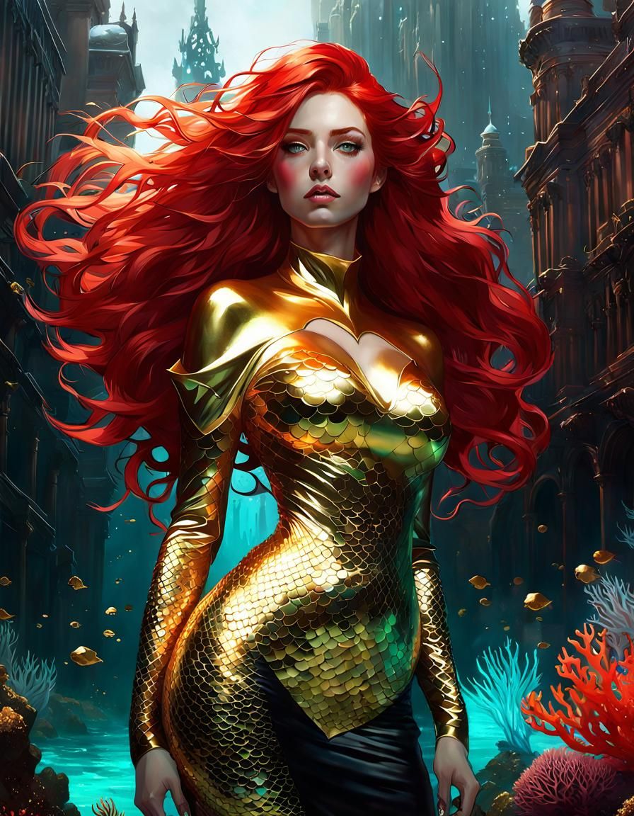 Eldritch Mermaid in Coral City, Hyperreal Style