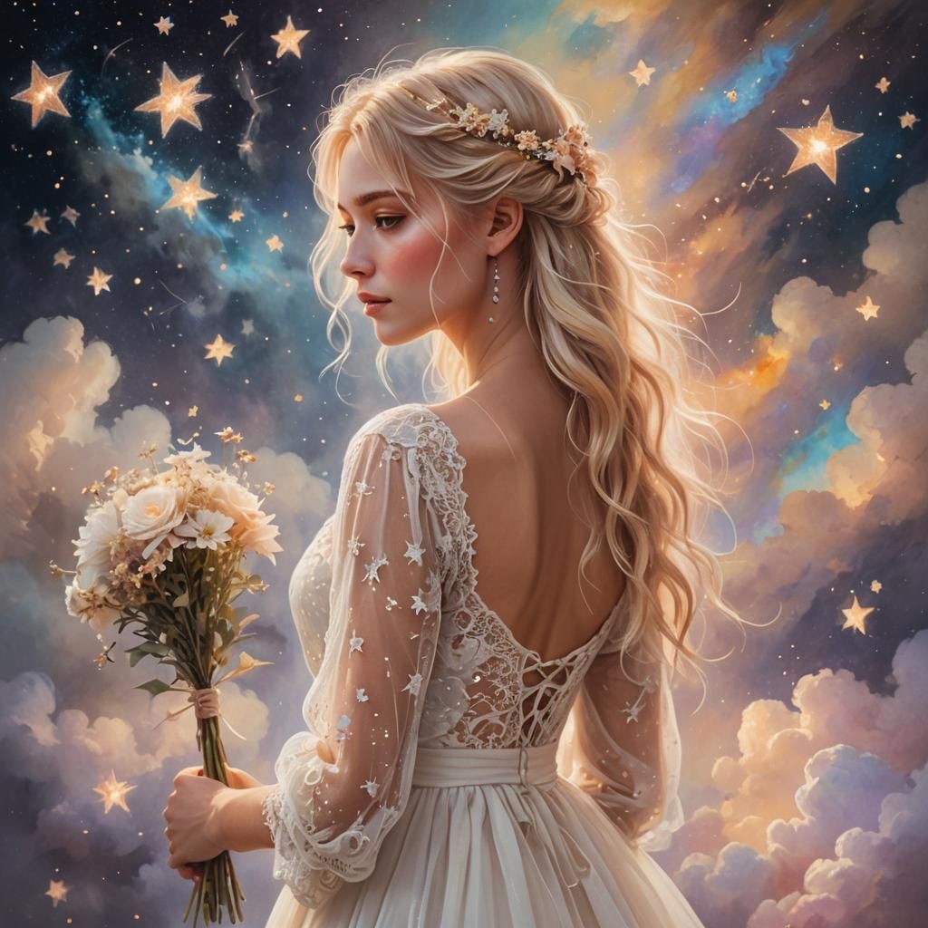Ethereal Portrait: Girl with Star Bouquet on Cloud