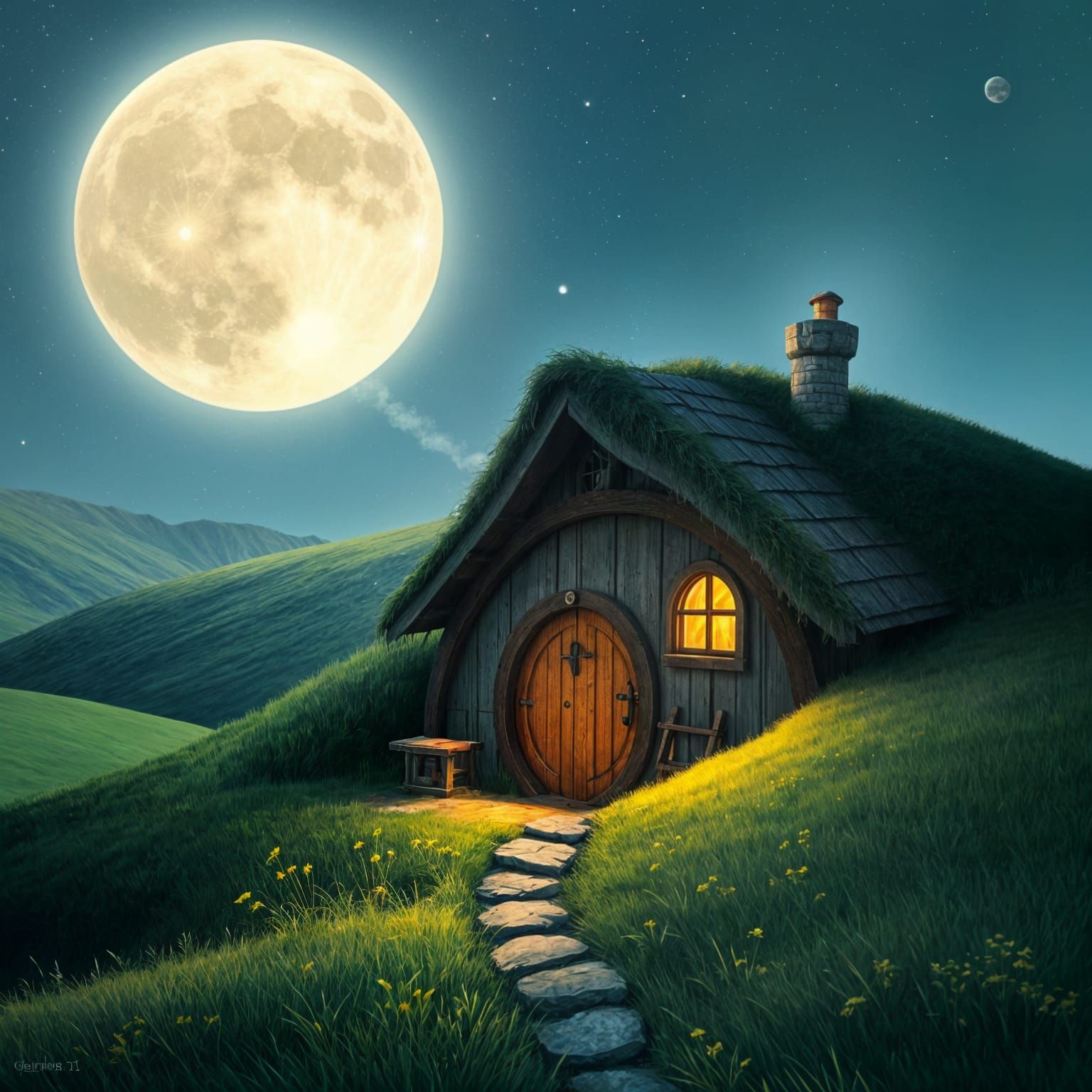 Hobbit House Under a Luminous Full Moon