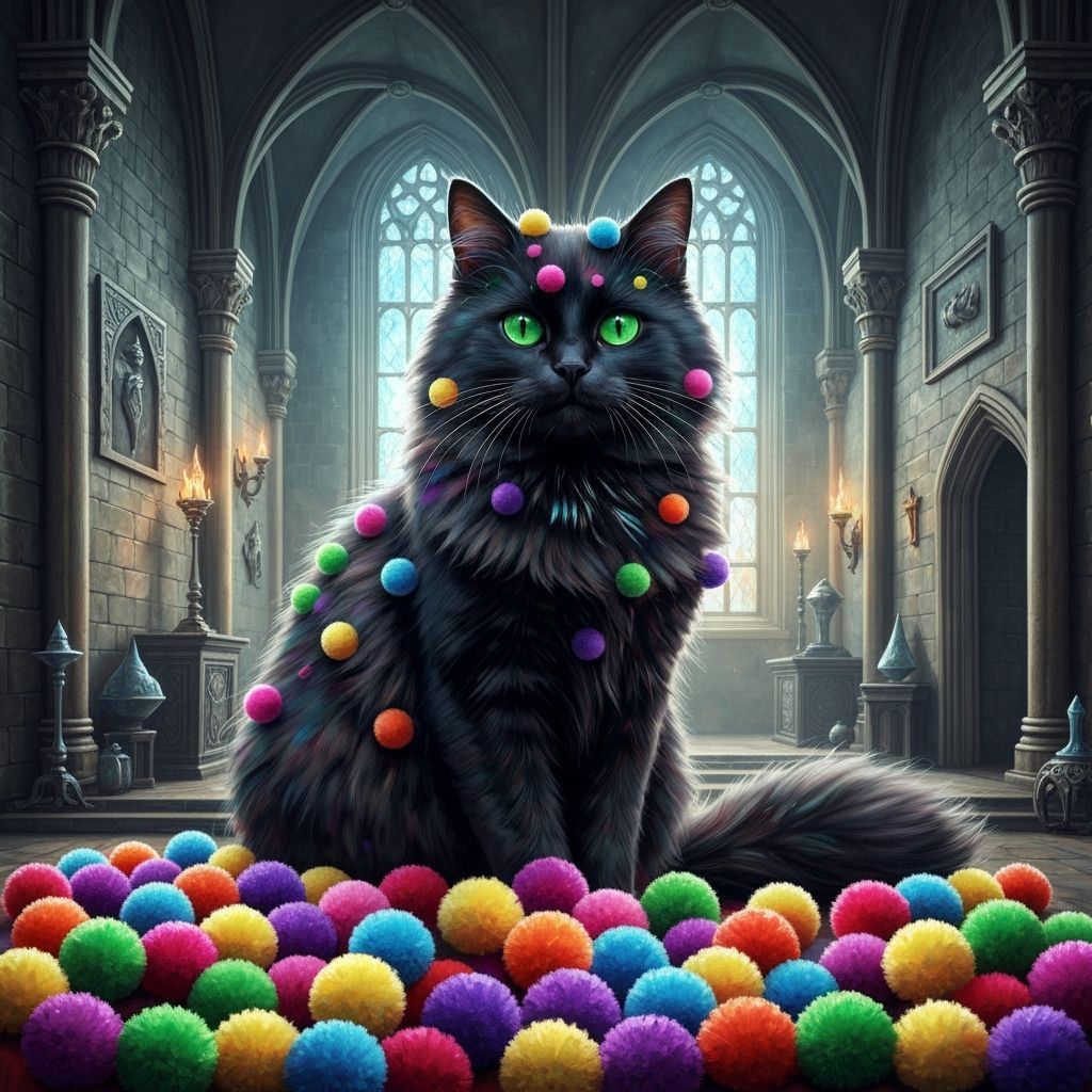 Fluffy Cat Adorned with Rainbow Pom Poms in Wizard's Lair
