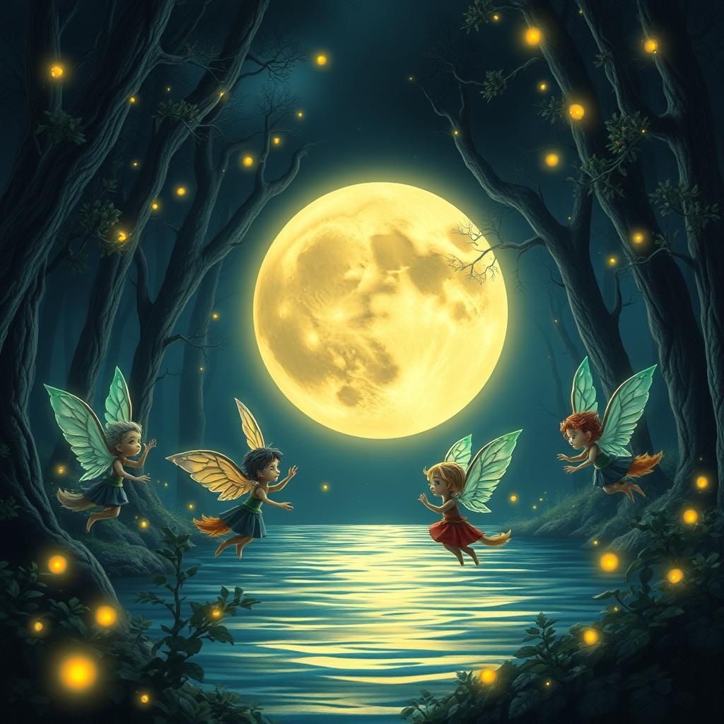 Enchanting Fairies Play Under a Full Moon
