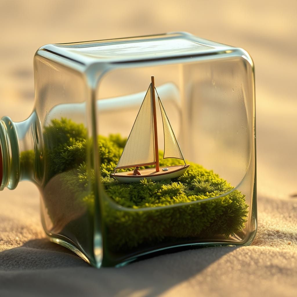 Sailboat in Glass Cube and Bottle on Beach