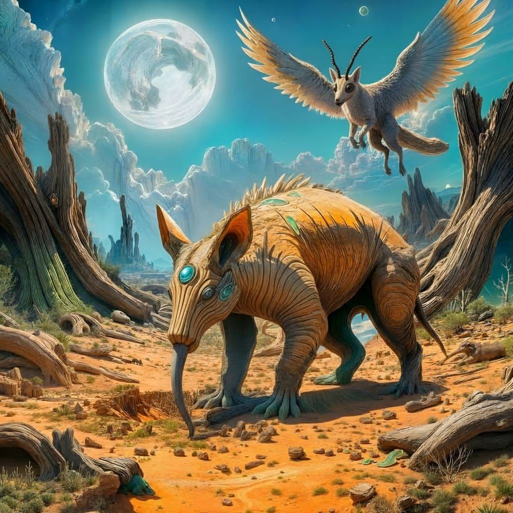 Aardvark Under Twin Green Moons in Cactus Desert