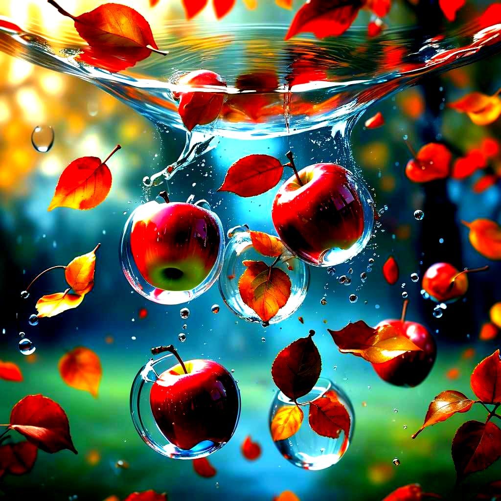 Glass Apples Filled with Water in Autumn Breeze