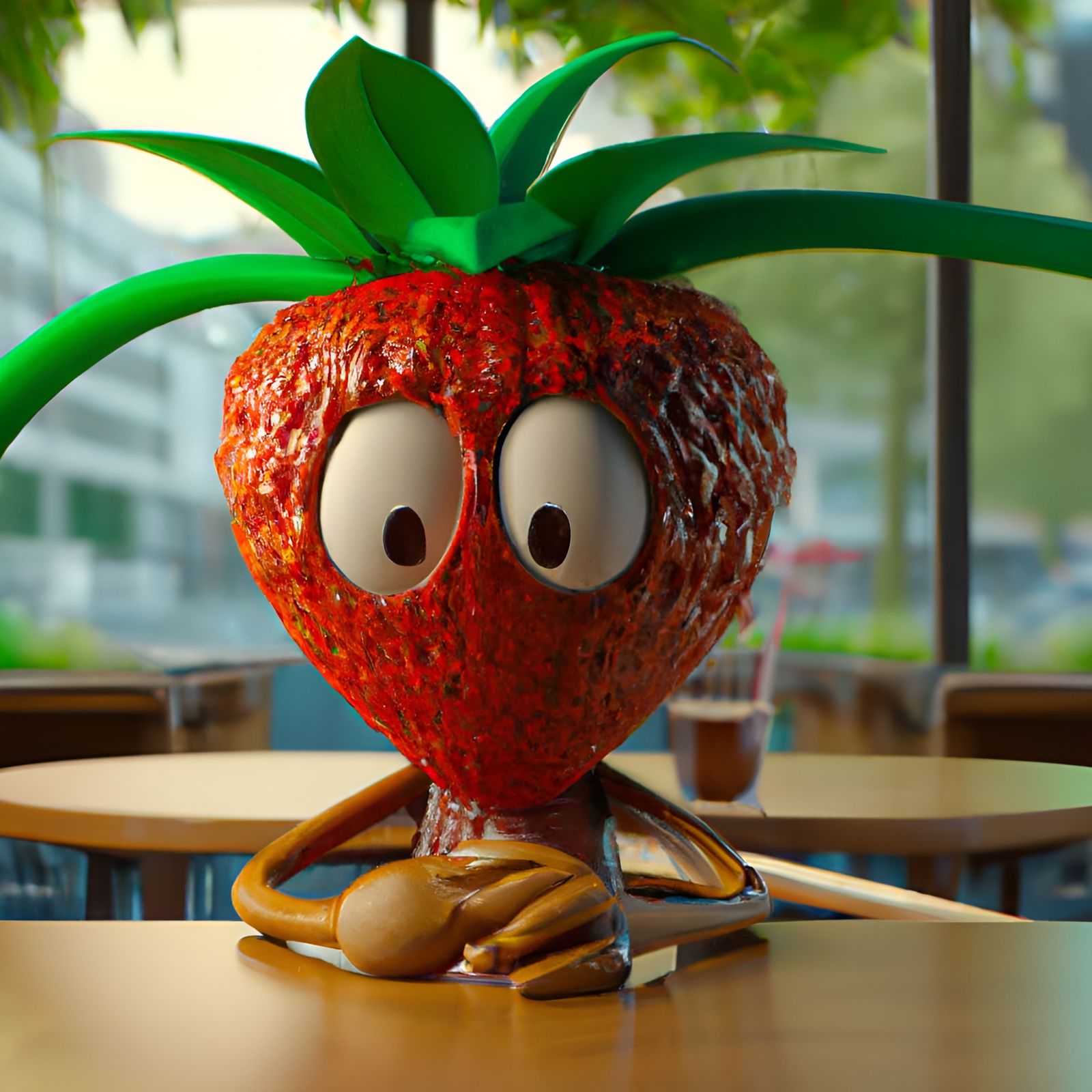 Pixar-Style Straw Strawberry Character Portrait