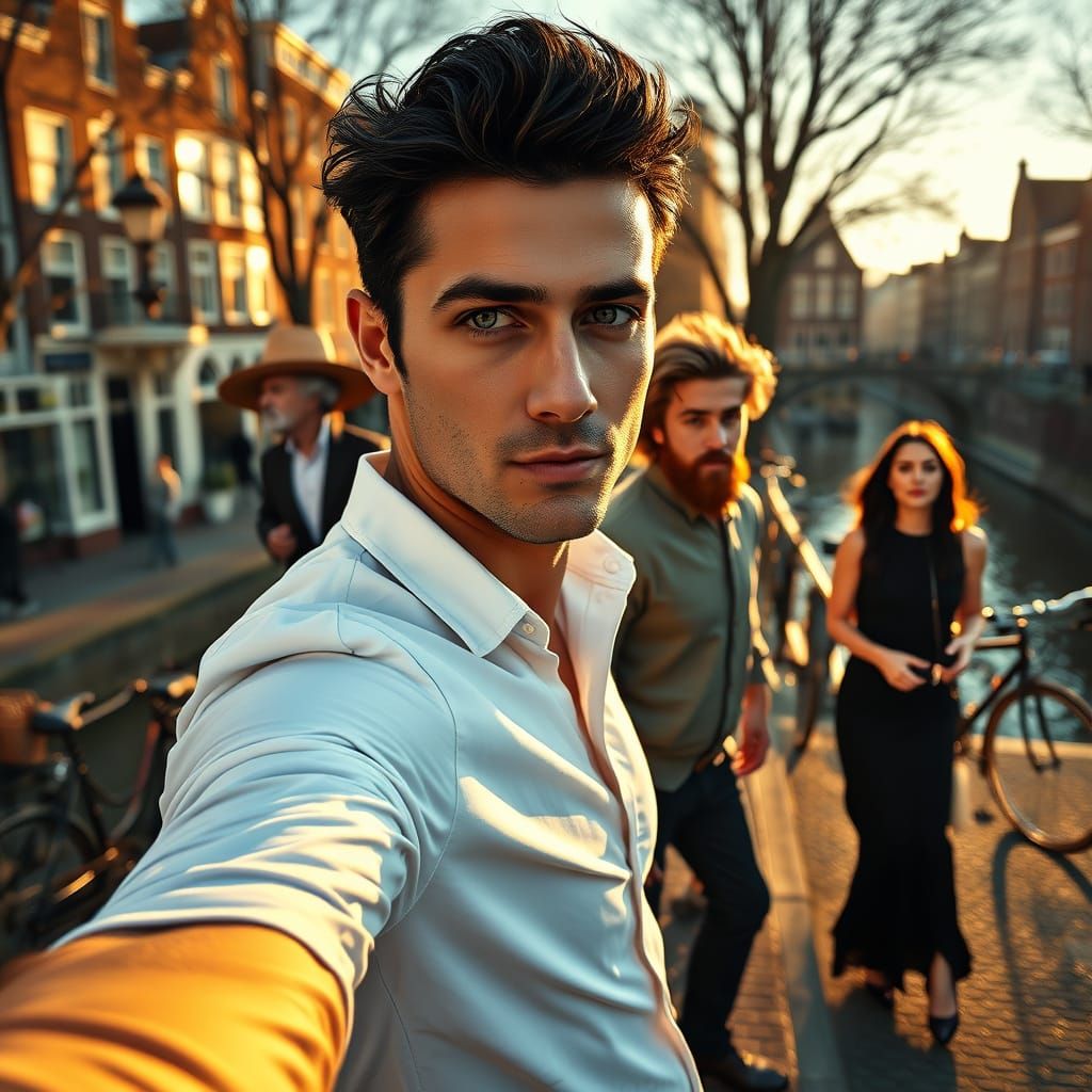 Handsome Man Takes Selfie on Amsterdam Bridge at Golden Hour
