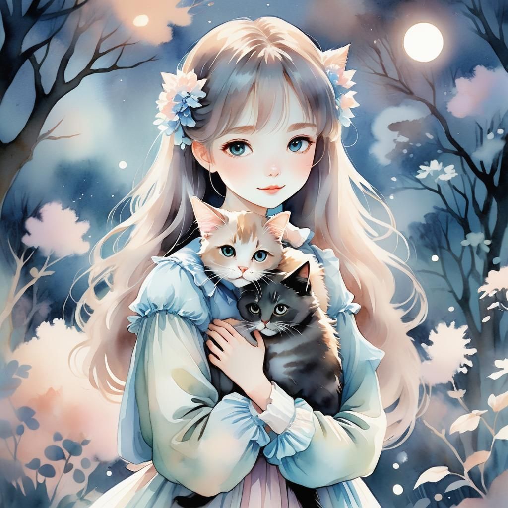 Anime Girl with Cat in Moonlit Garden
