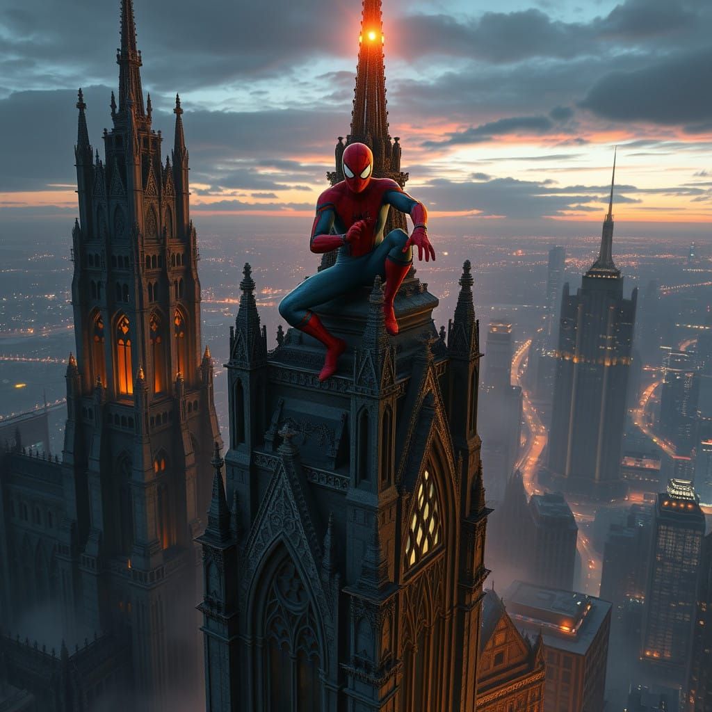 Gothic Spider-Man Amidst Fantastical Urban Dreamscape