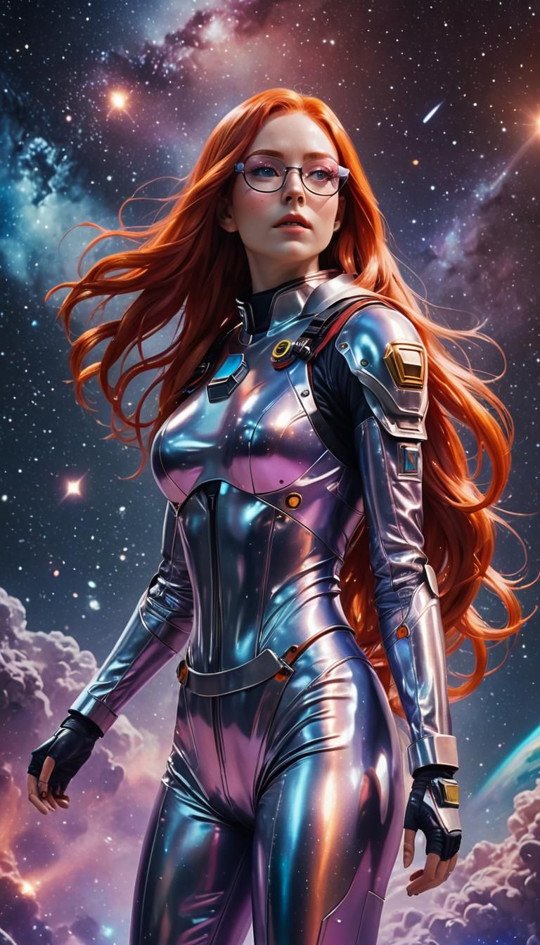 Anime Astronaut Girl in Space with Rainbow Light