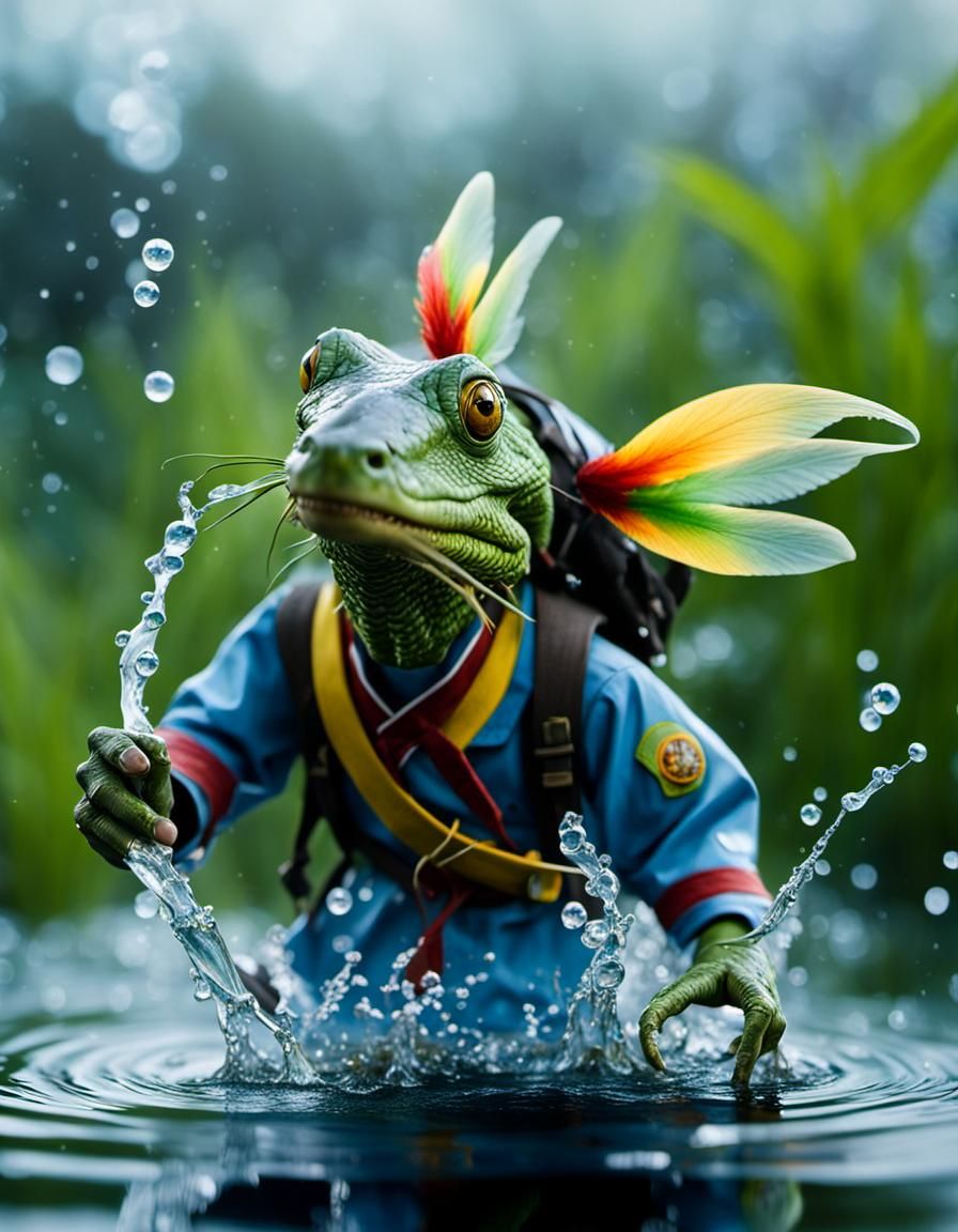 Anthropomorphic Rastafari Gecko Runs on Water