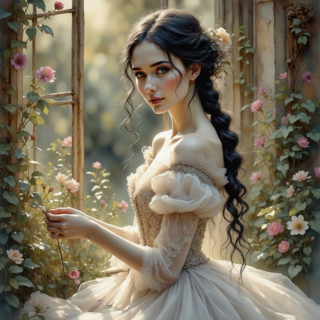 Volumetric Gothic Russian Noblewoman in White Samite and Bla...