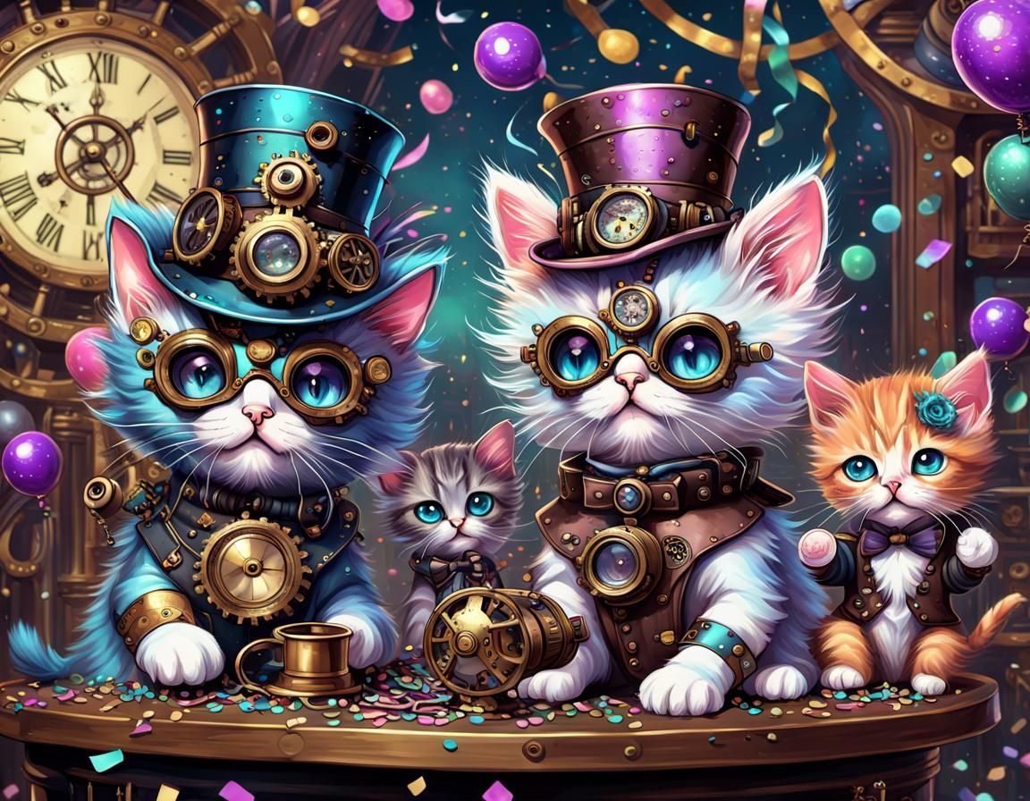 Steampunk Kittens Celebrate New Year in Mansion