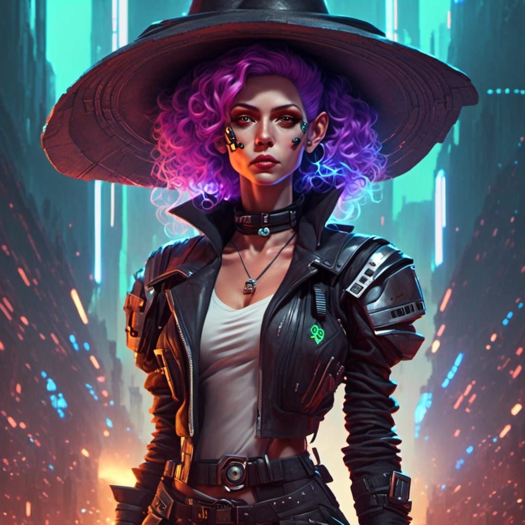 Sci-fi Witch Casting Force Spells in Cyberpunk Galaxy