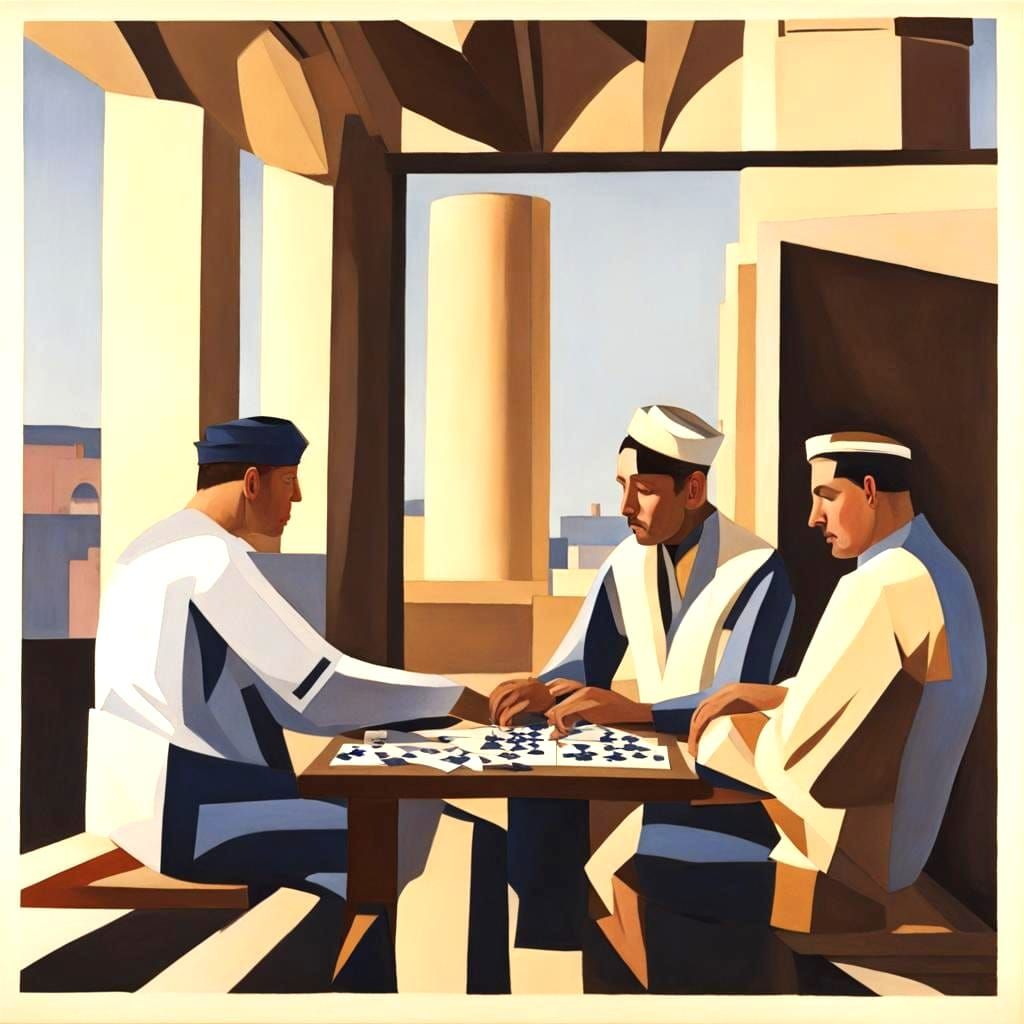 Moroccan Card Players in Precisionist Style