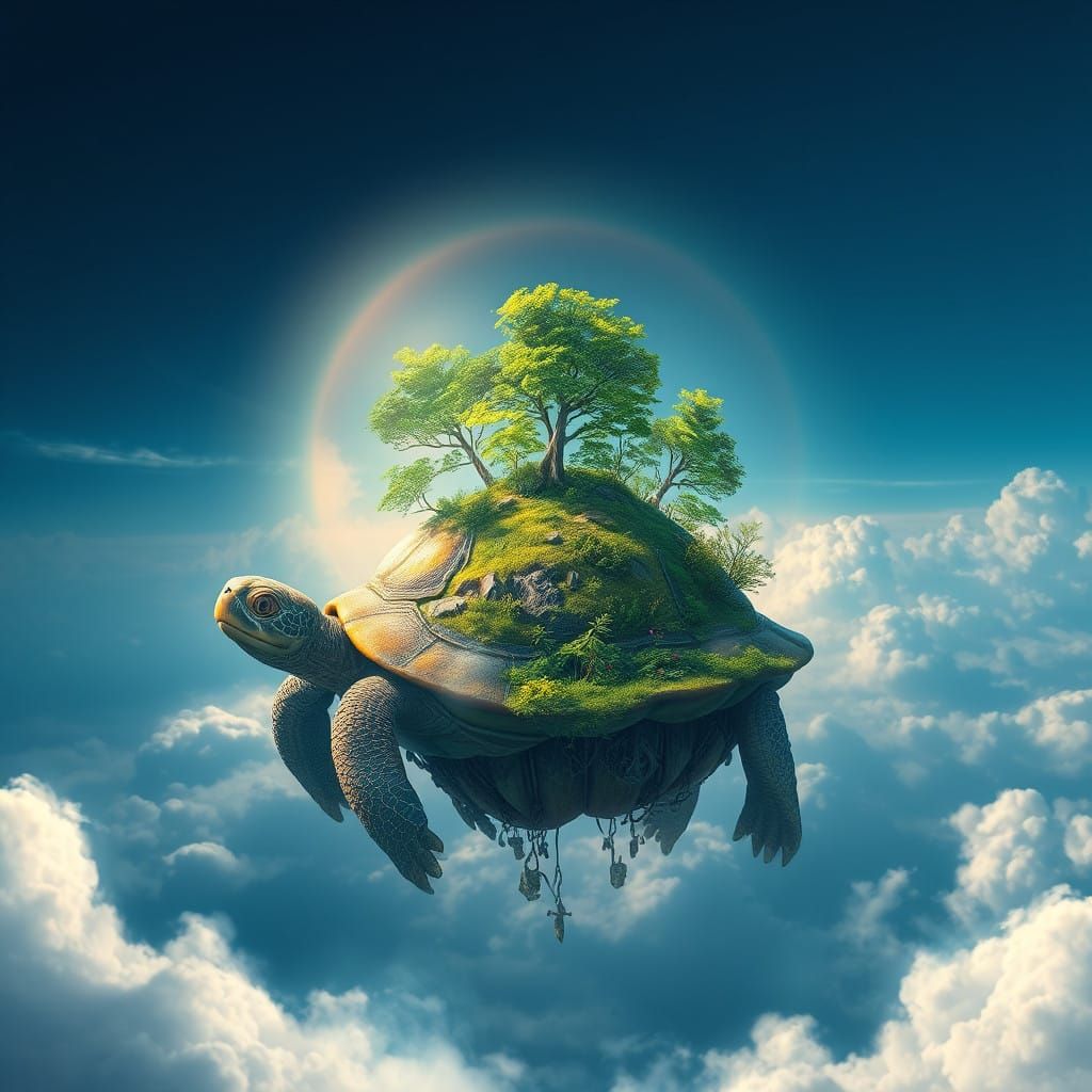 Floating Turtle Island in Ethereal Cloudscape