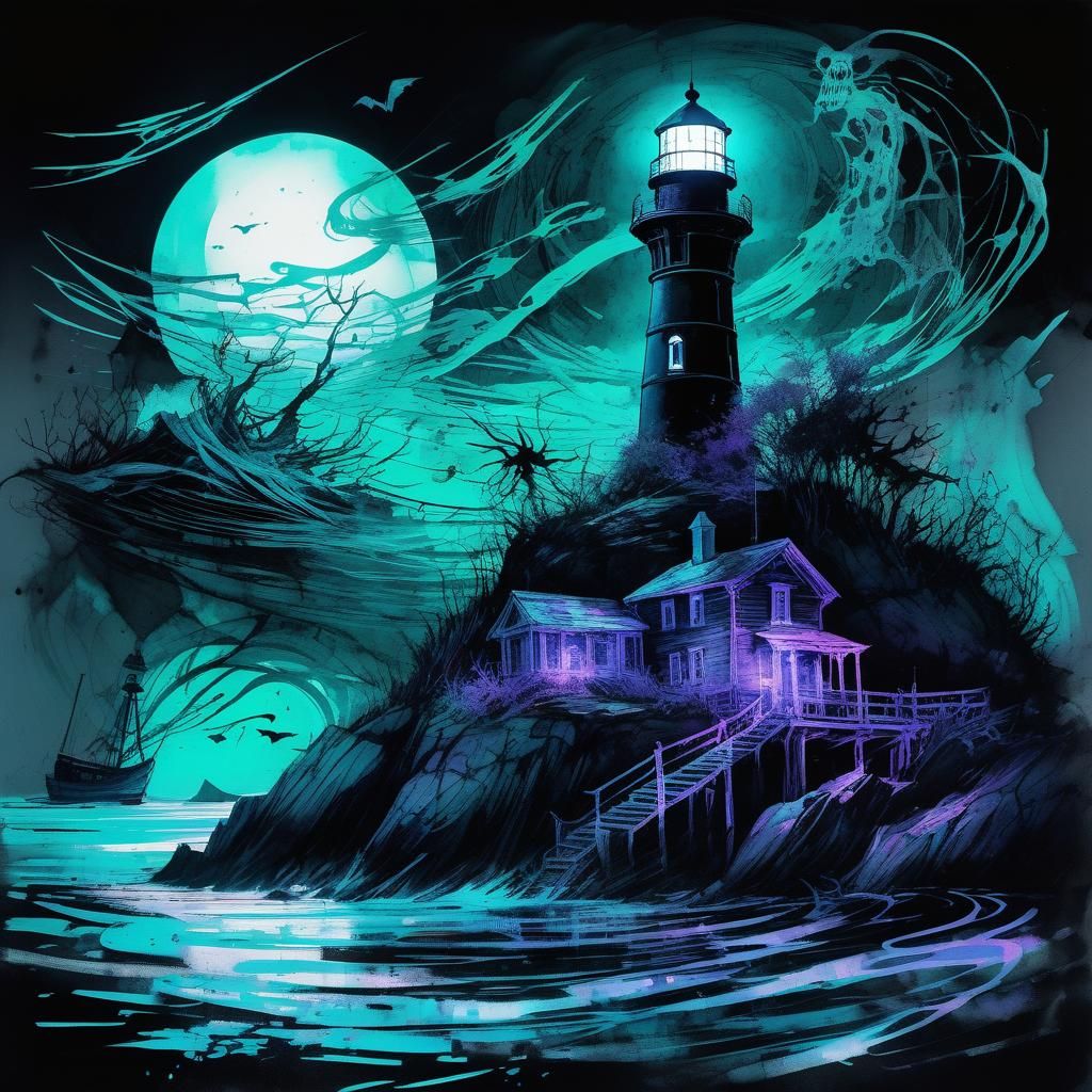 Eerie Blacklight Horror Lighthouse on Island