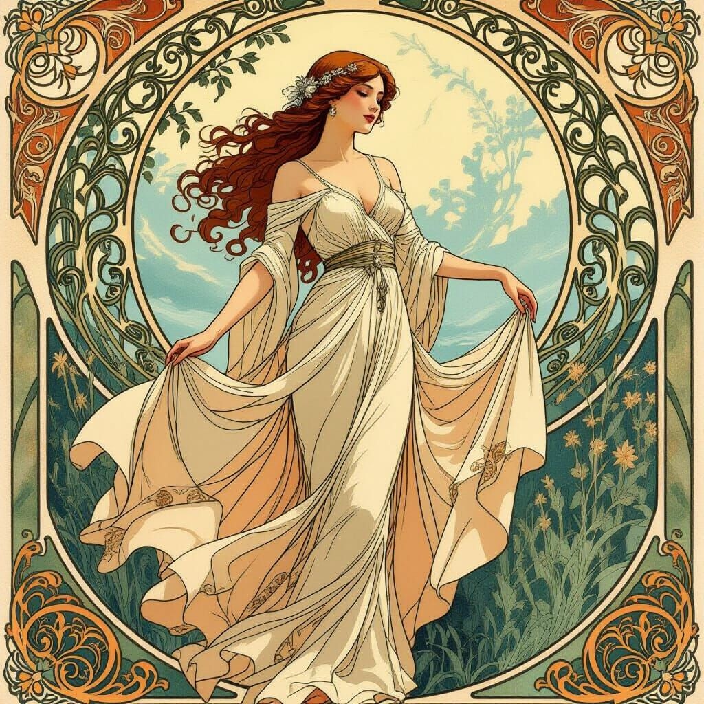 Elegant Woman in Nature, Art Nouveau Illustration