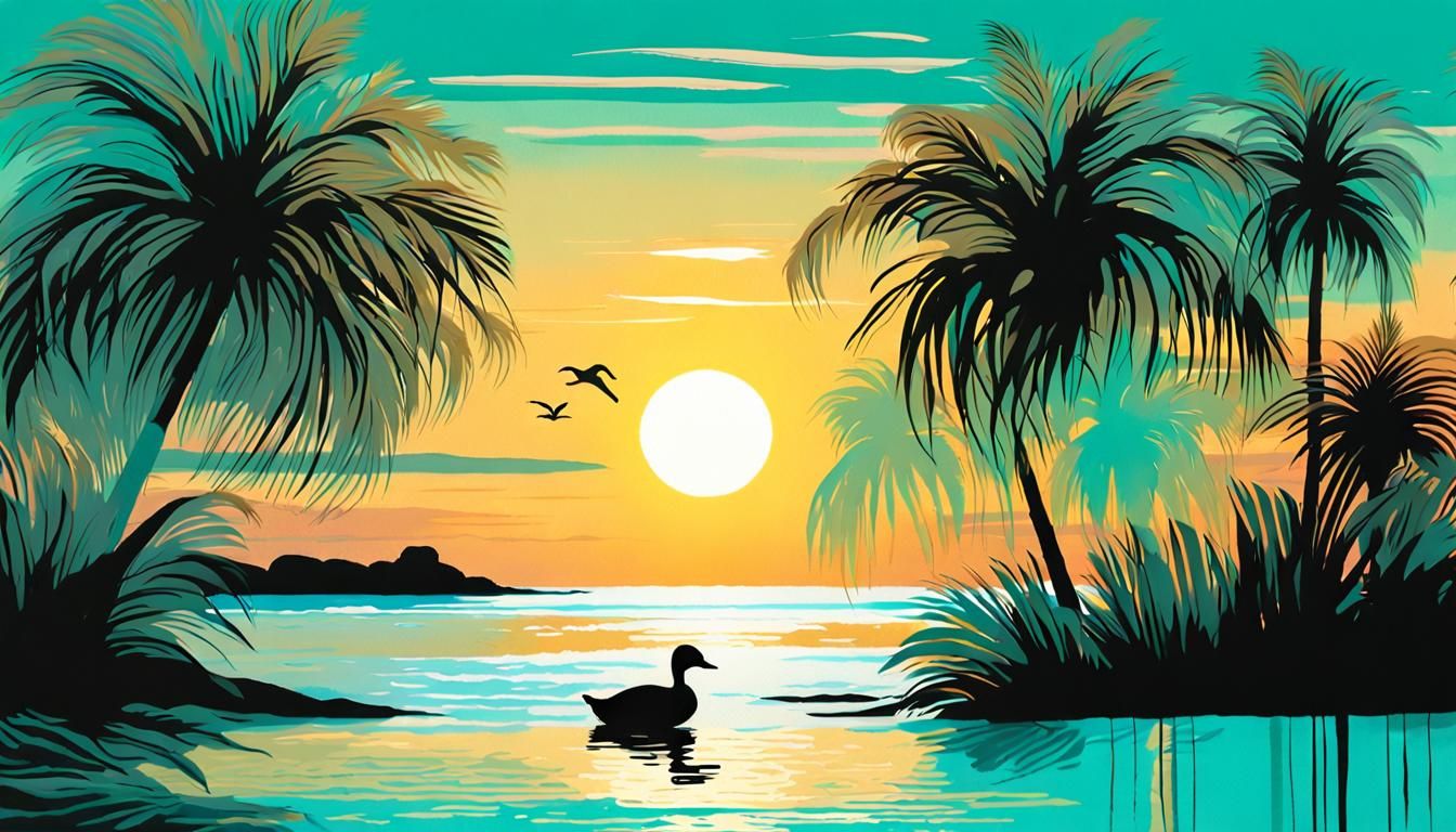 Duck on Tropical Beach in Impressionist Style