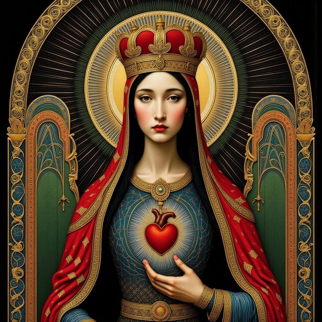 Sacred Heart of Mary with Evil Eye Crown, Pre-Raphaelite Sty...