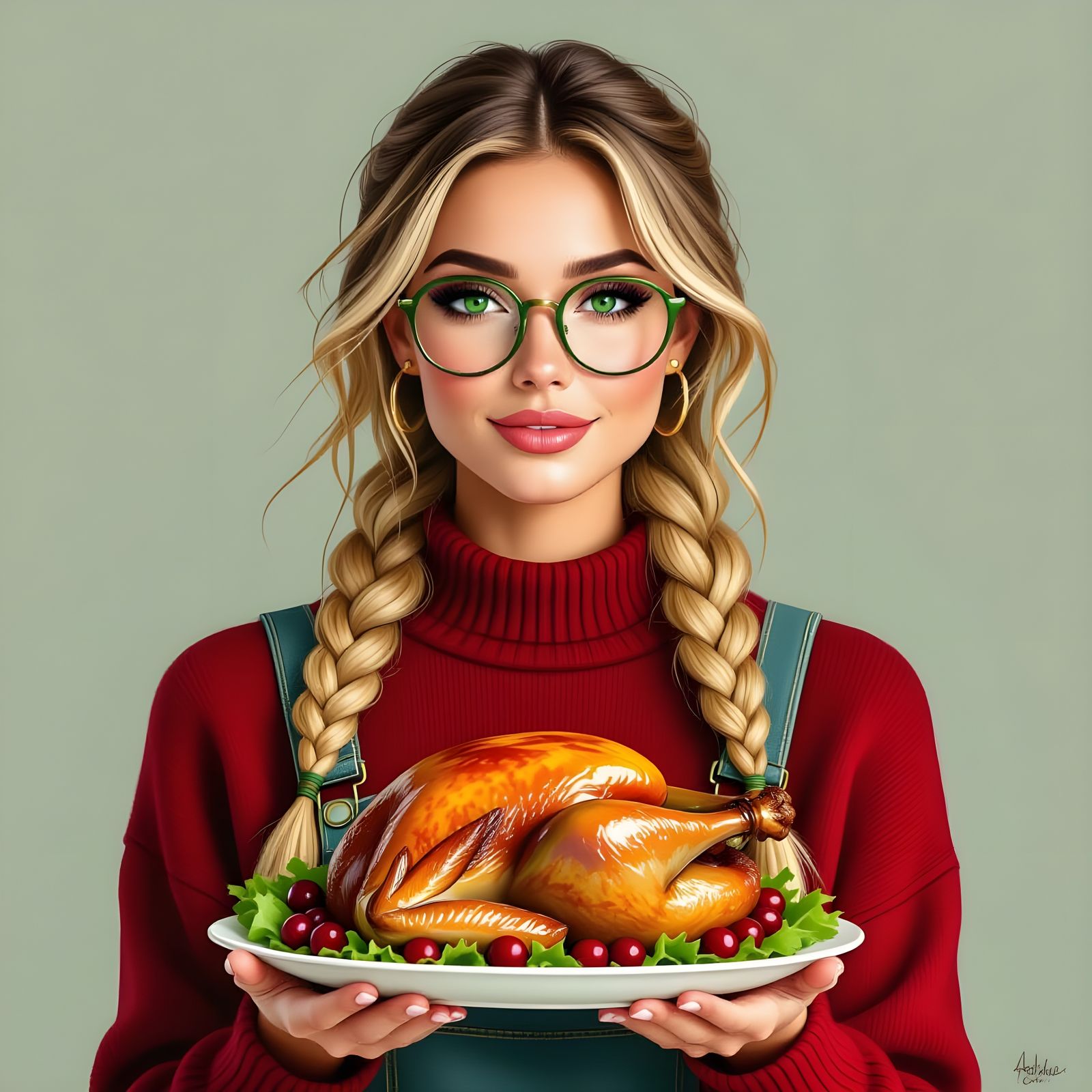 Airbrushed Woman Holds Turkey Platter