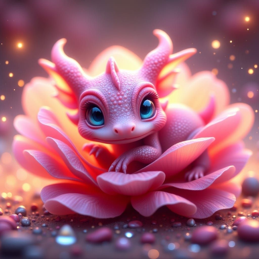 Adorable Pink Baby Dragon in Dewy Flower
