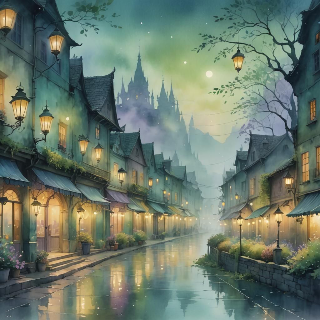 Misty Shops: A Whimsical Watercolor Fantasy
