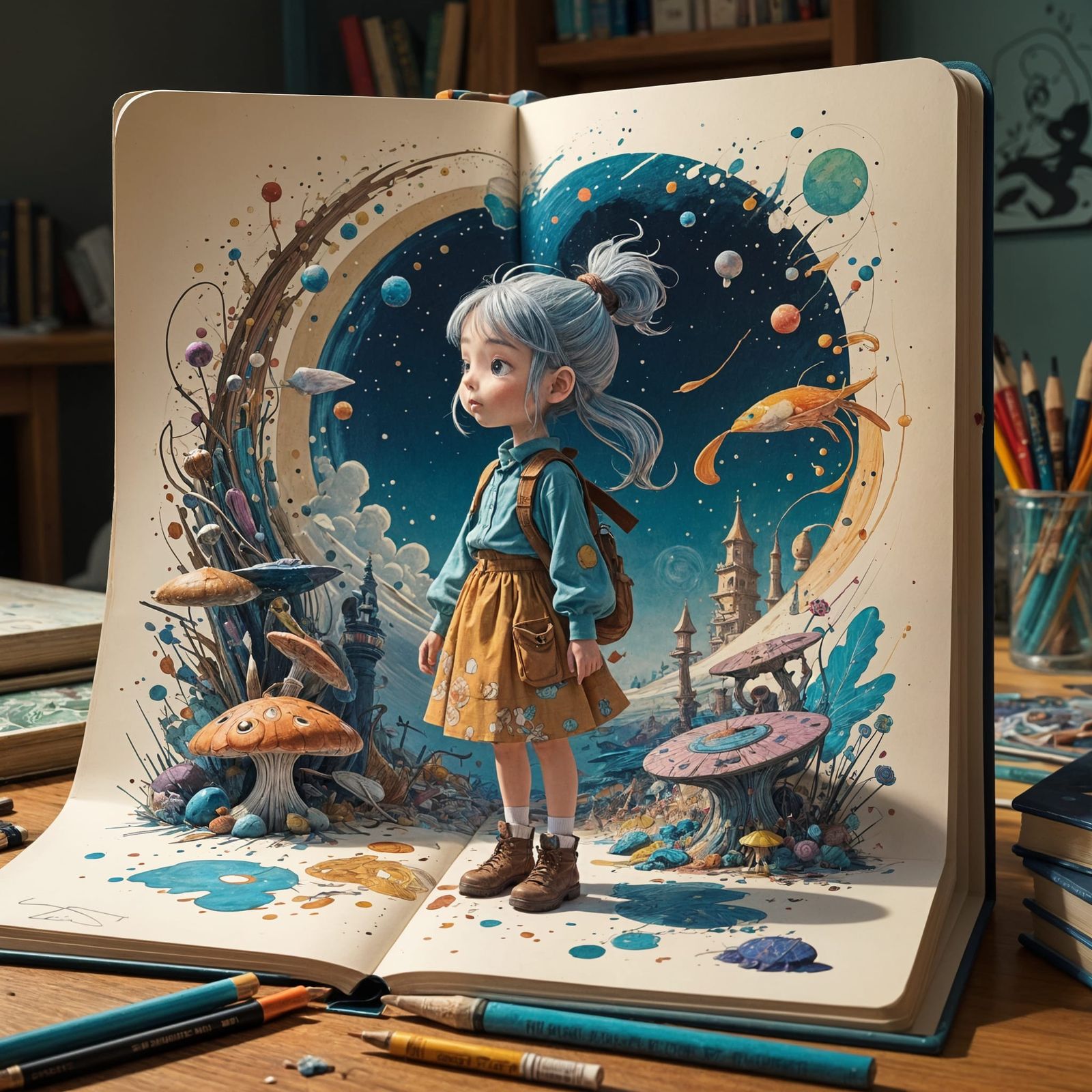Whimsical Anime Artist Surrounded by Fantastical Creatures
