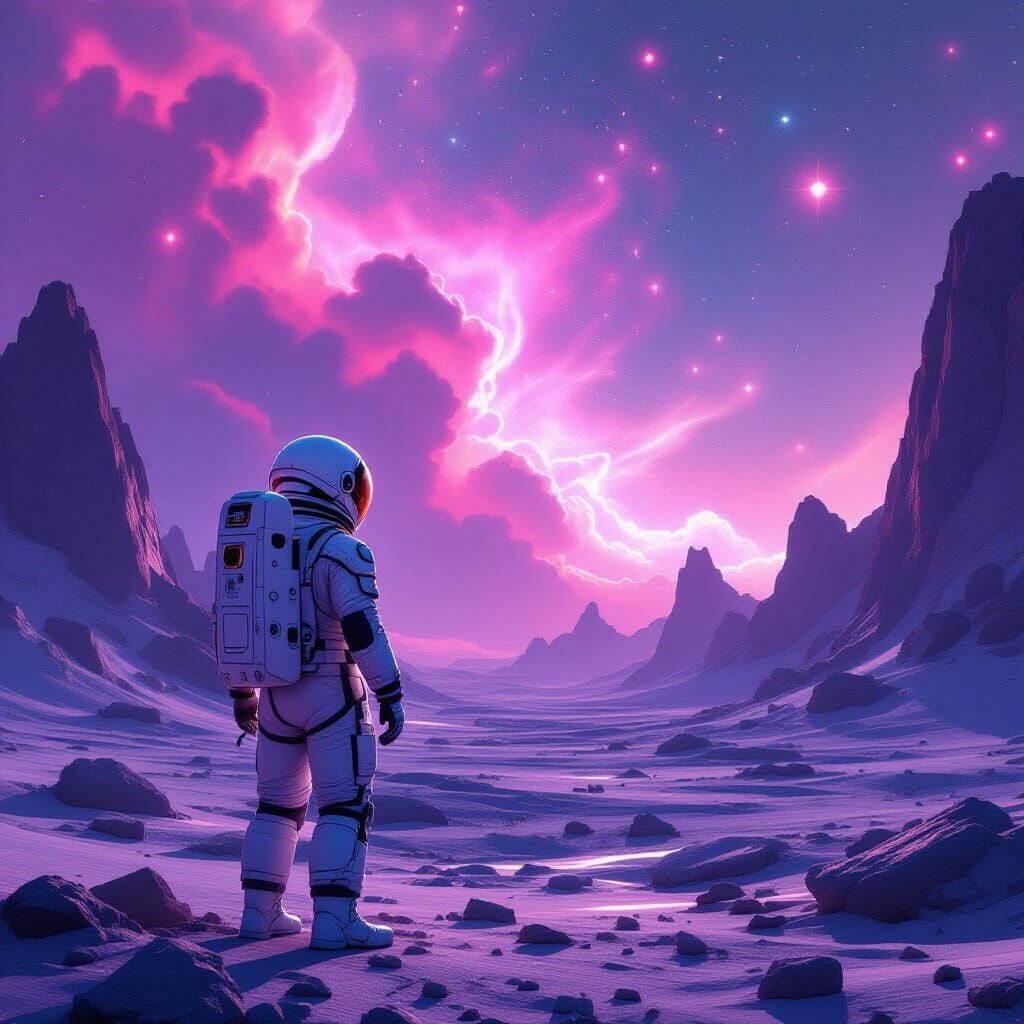 Astronaut Gazes at Pink Nebulae on Alien Planet