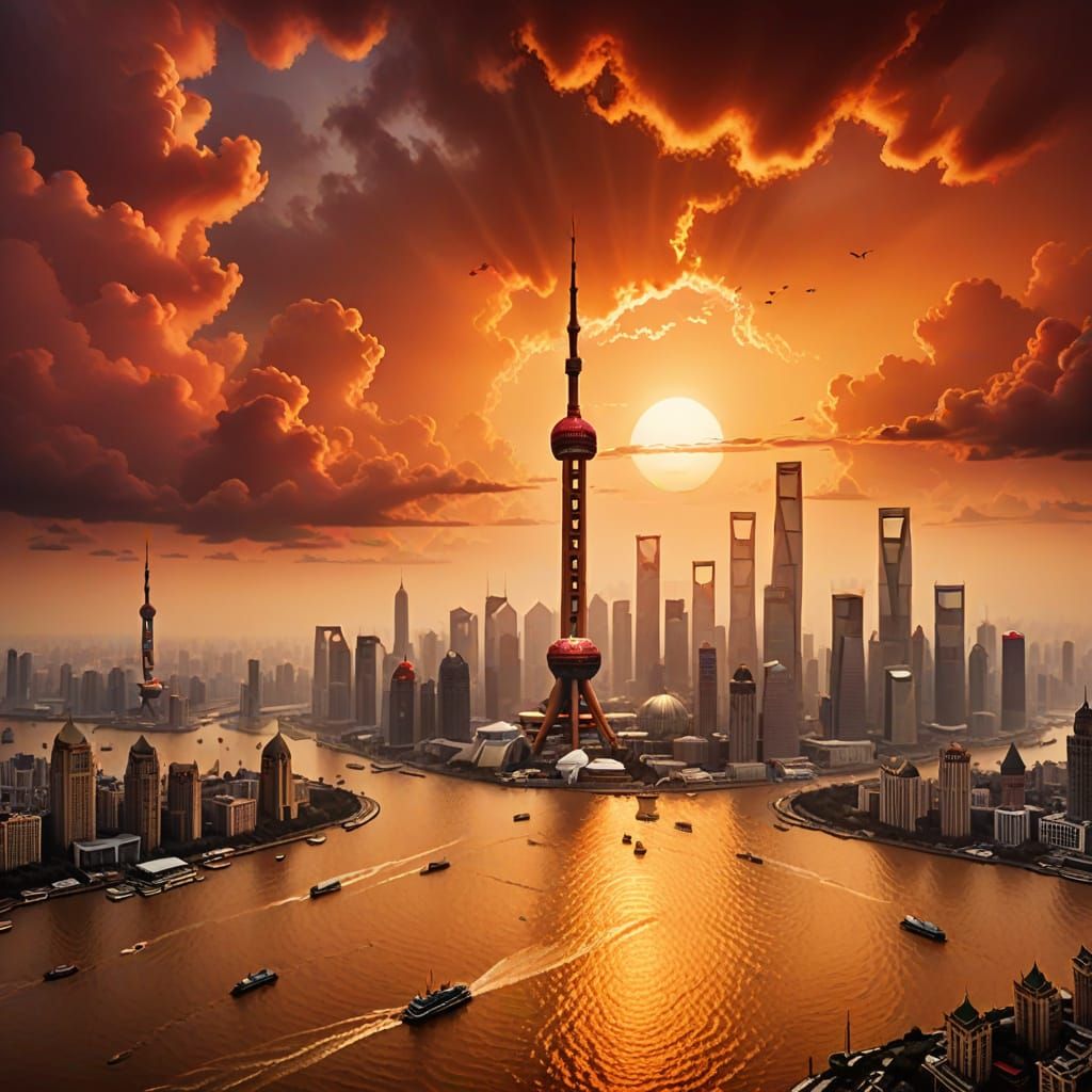 Shanghai Skyline Sunset in Art Deco Style