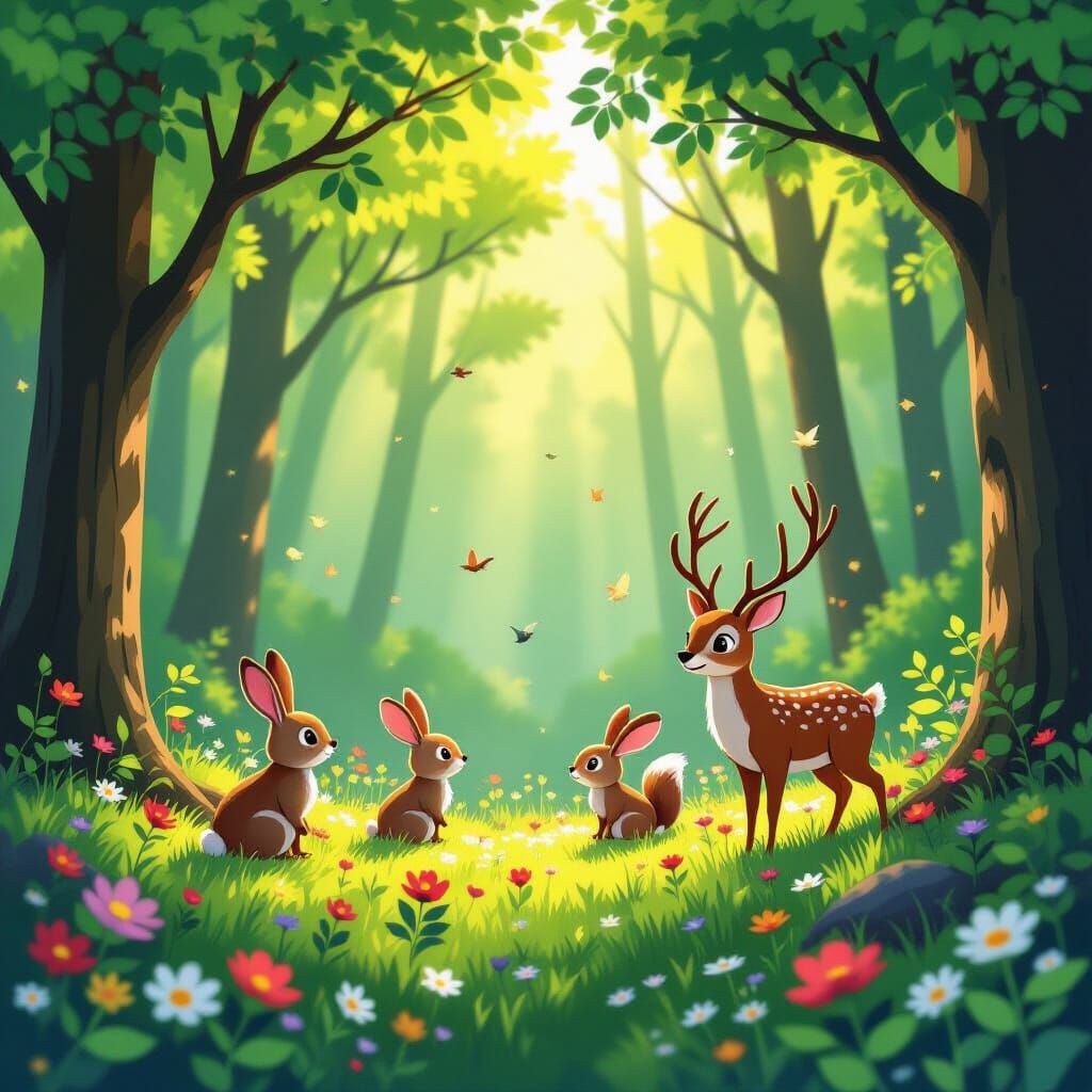 Vibrant Spring Forest Scene with Animals and Soft Sunlight