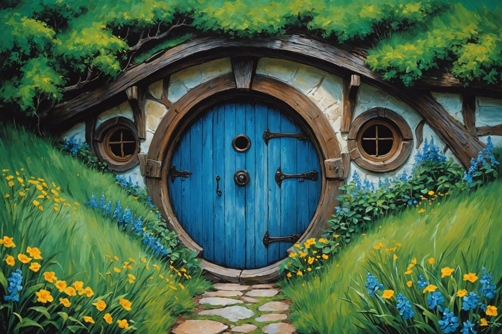 Charming Hobbit Hole Painting in 70s Style
