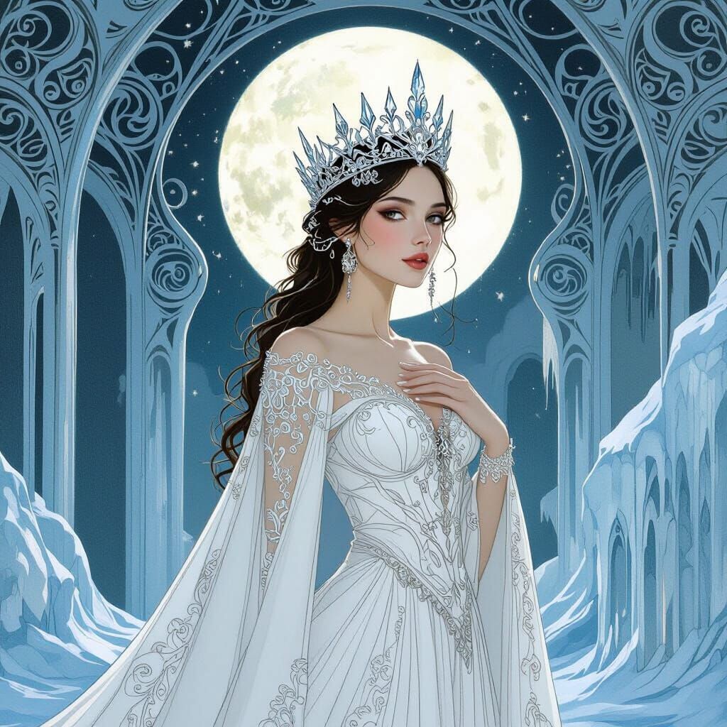 Regal Ice Queen in Art Nouveau Frozen Palace