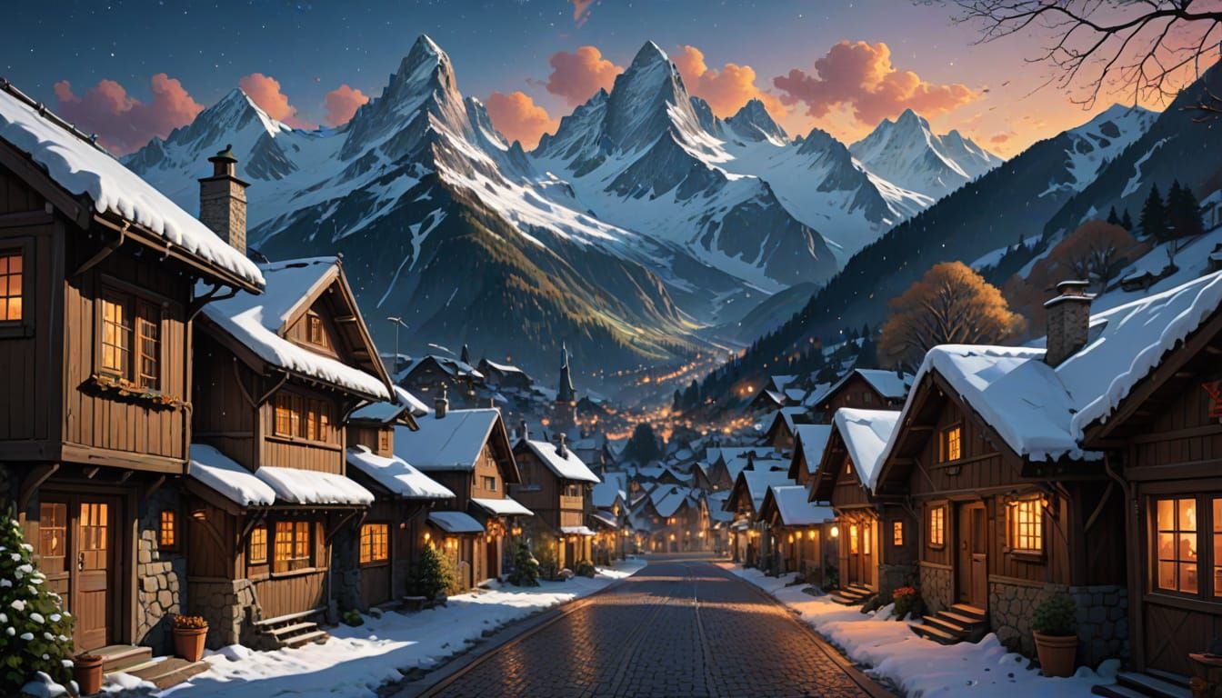 Cozy Alpine Village Under Starry Night Sky
