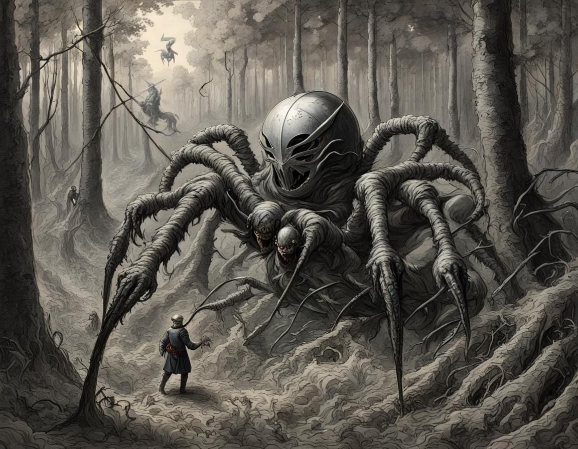Knight and Monstrous Spider in Forest Clearing