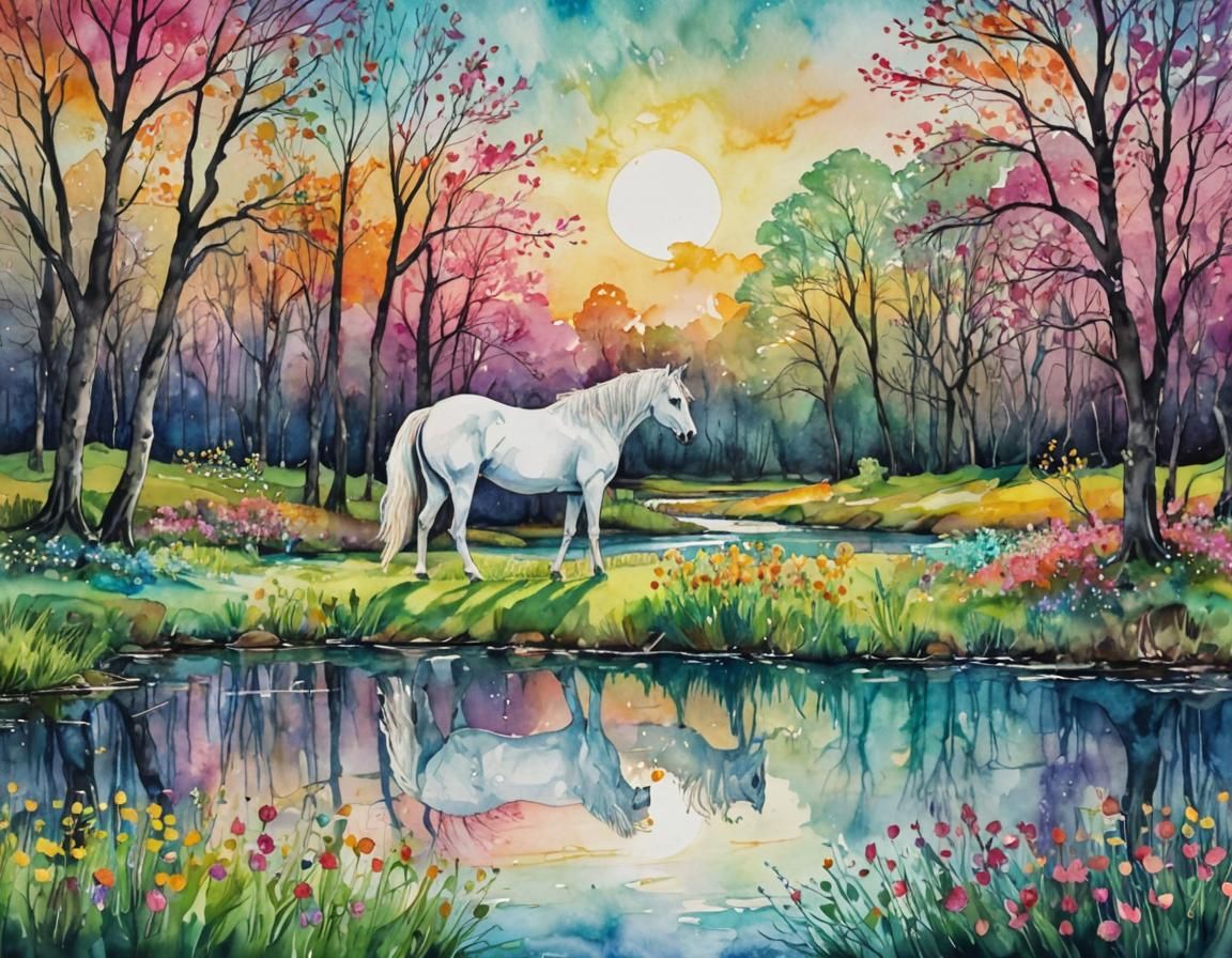 Radiant Spring Landscape with White Horse in Watercolor