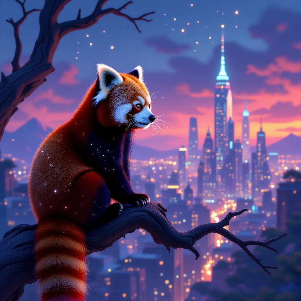 Glittering Red Panda Over Futuristic Cityscape