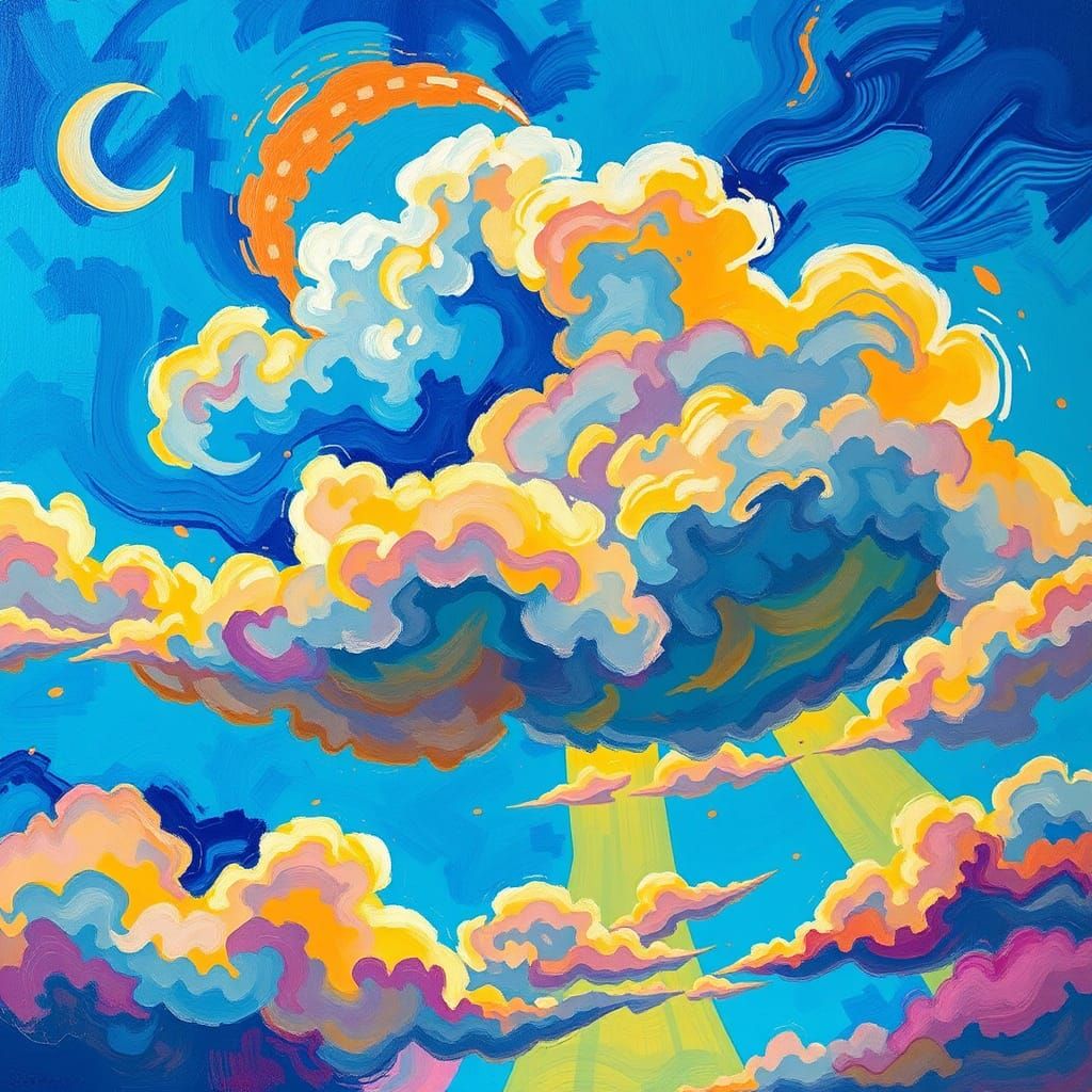Vibrant Sky with Swirling Clouds in Gouache Style