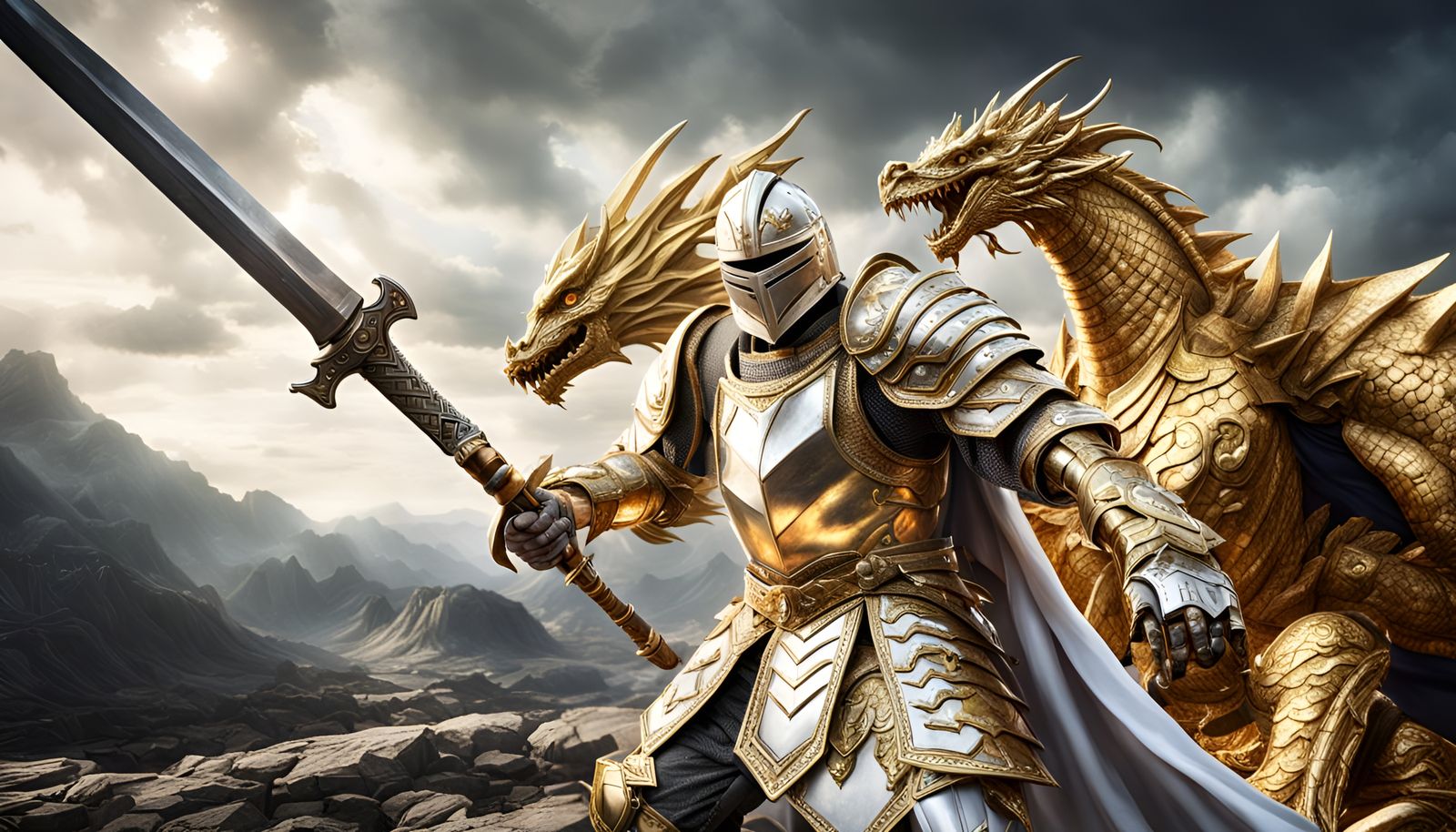 Knight in Gold Armour Battles Dragon: Hyperrealistic