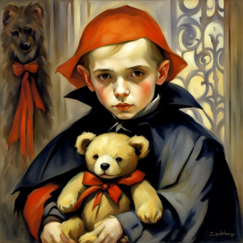 Young Vampire and Teddy Bear Portrait